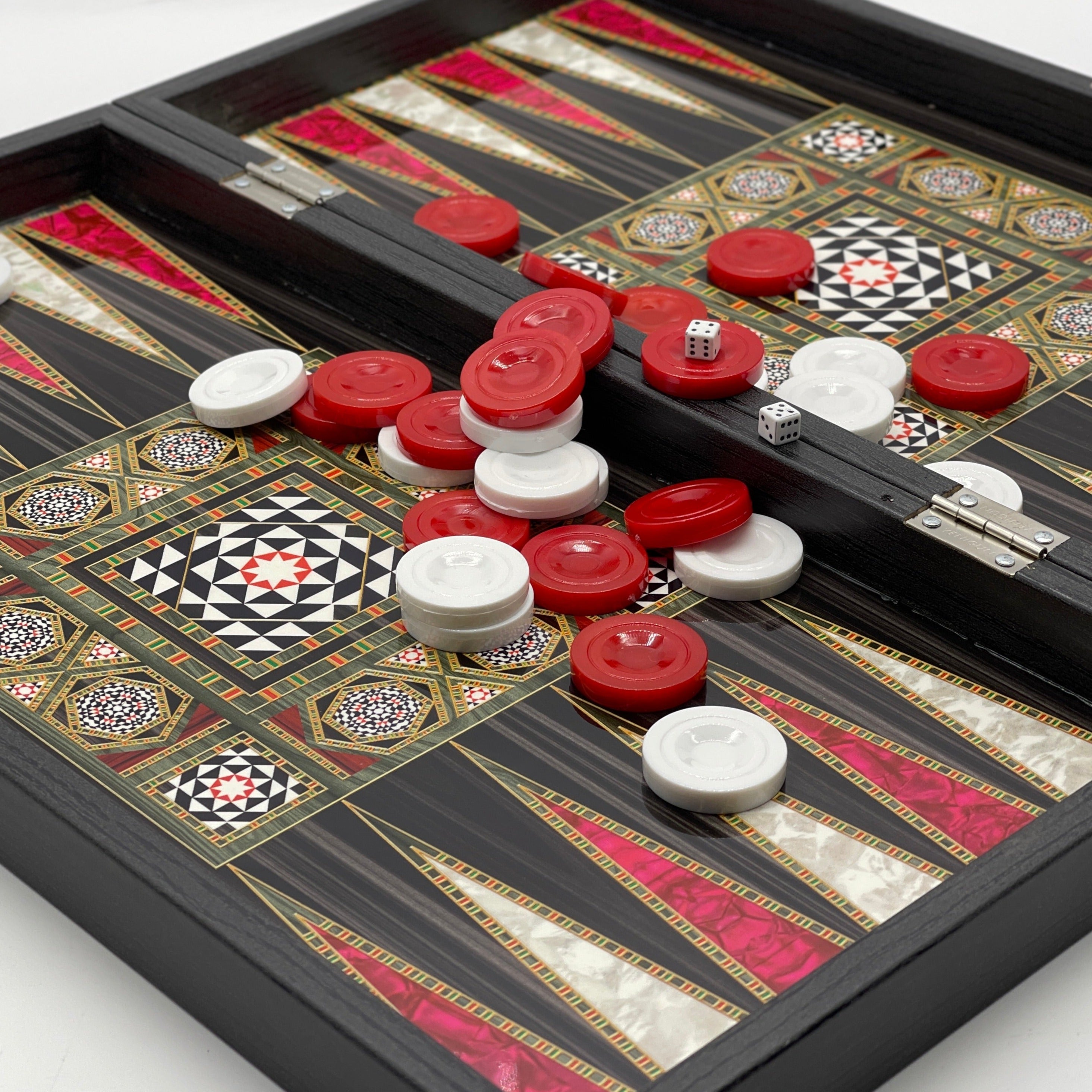 Handmade Mosaic Pattern Backgammon Set With Crusaders Chess Pieces