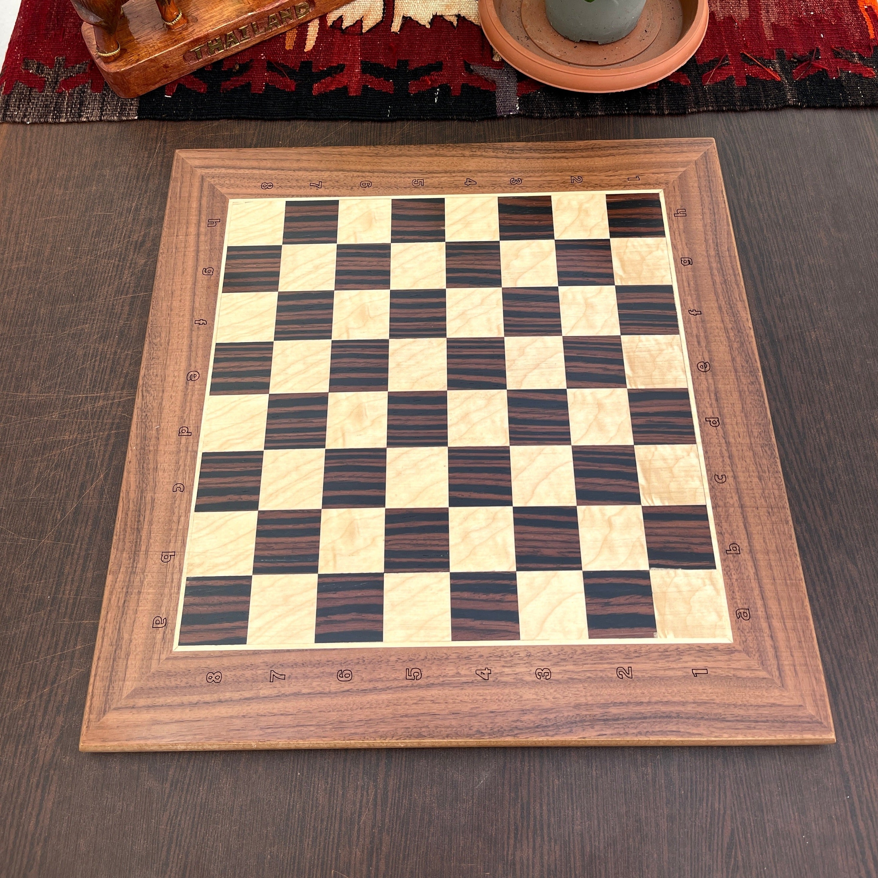 15.3" Massive Solid Wooden Chess Board With Egyptian Metal Chess Pieces