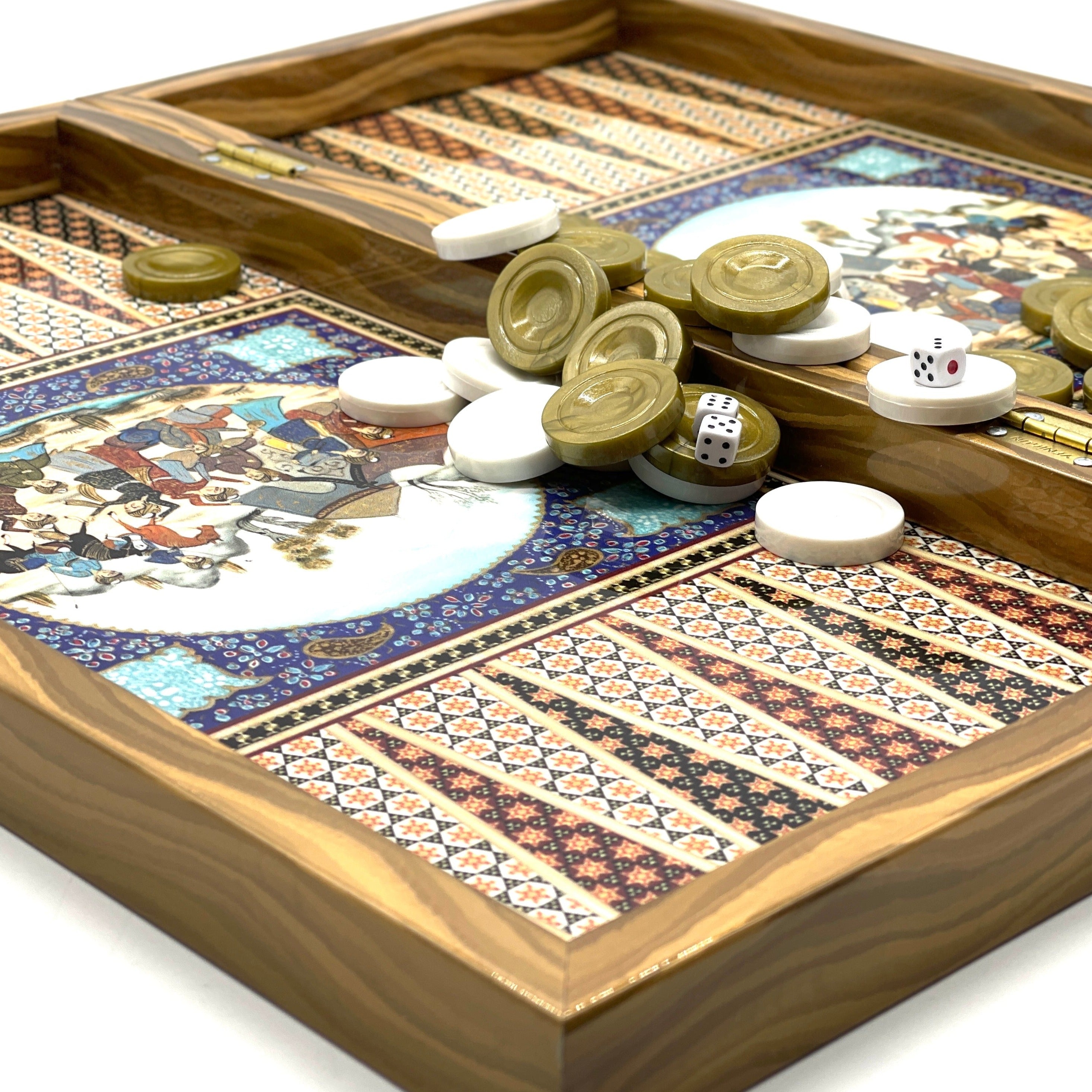 Persian Khatam Turkish Backgammon Set With Polyester Crusaders Chess Pieces