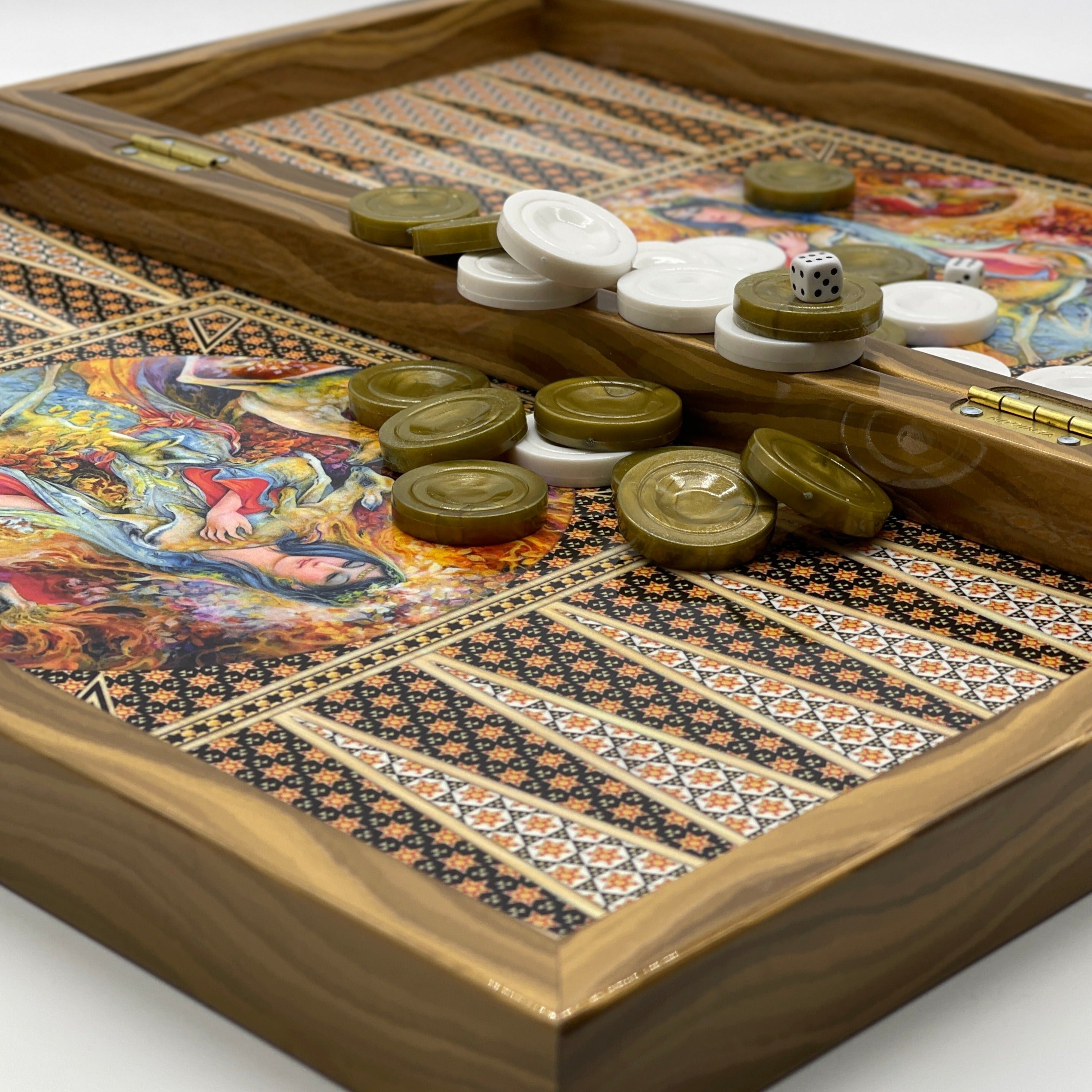 Handmade Hatemi Colors Pattern Backgammon Set With Crusaders Chess Pieces