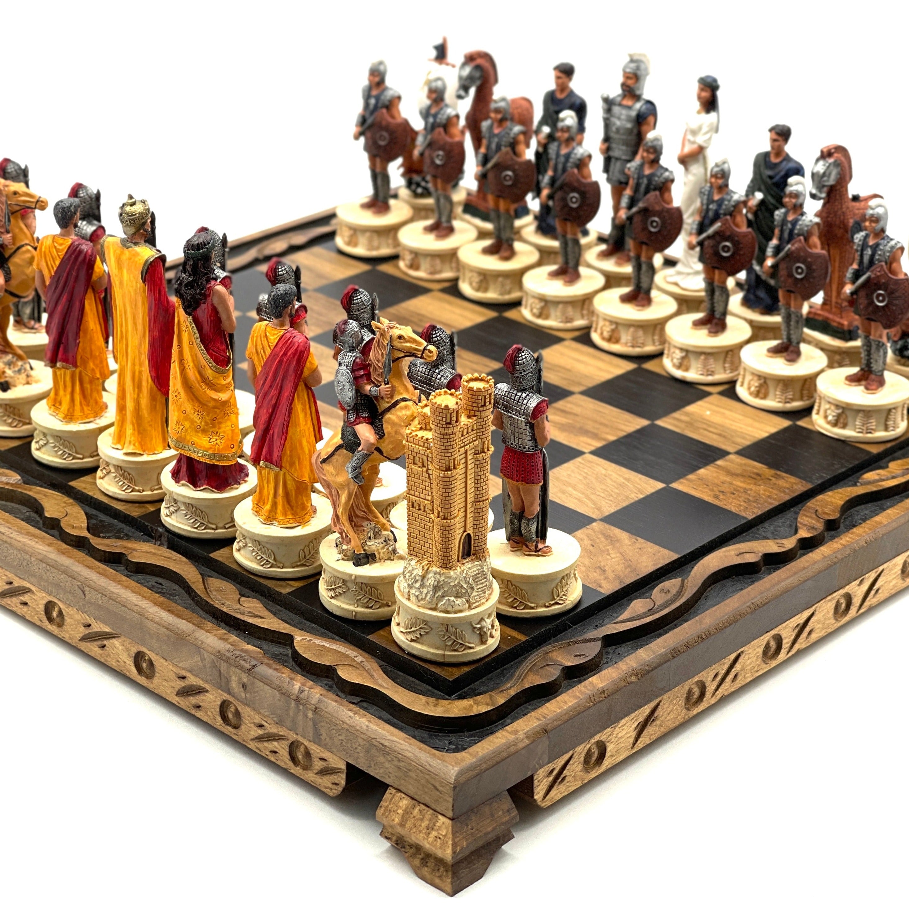 Handmade Wooden Chess Set With Large Trojan Polyester Chess Pieces