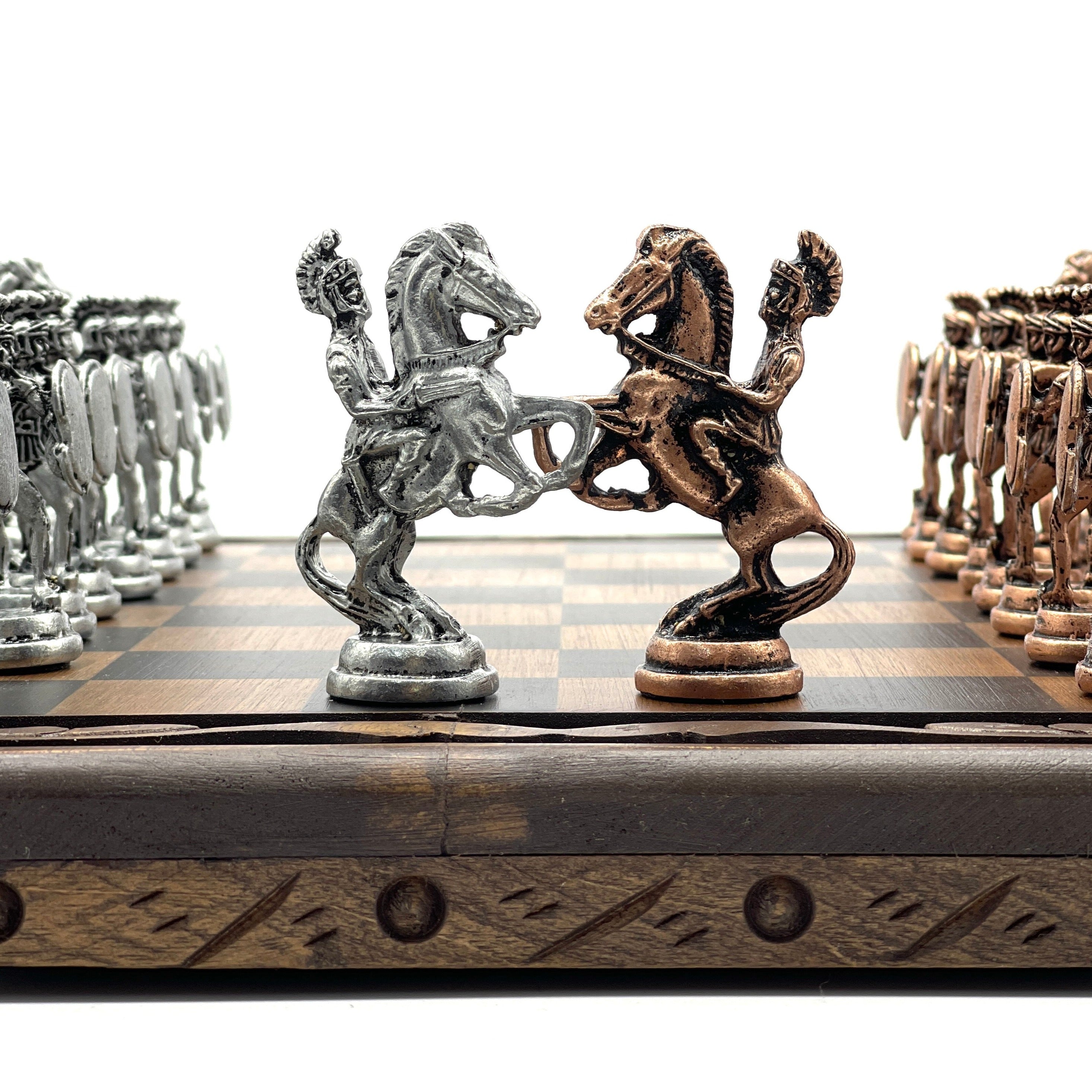 Handmade Wooden Chess Set With Large Archer Romans Metal Chess Pieces