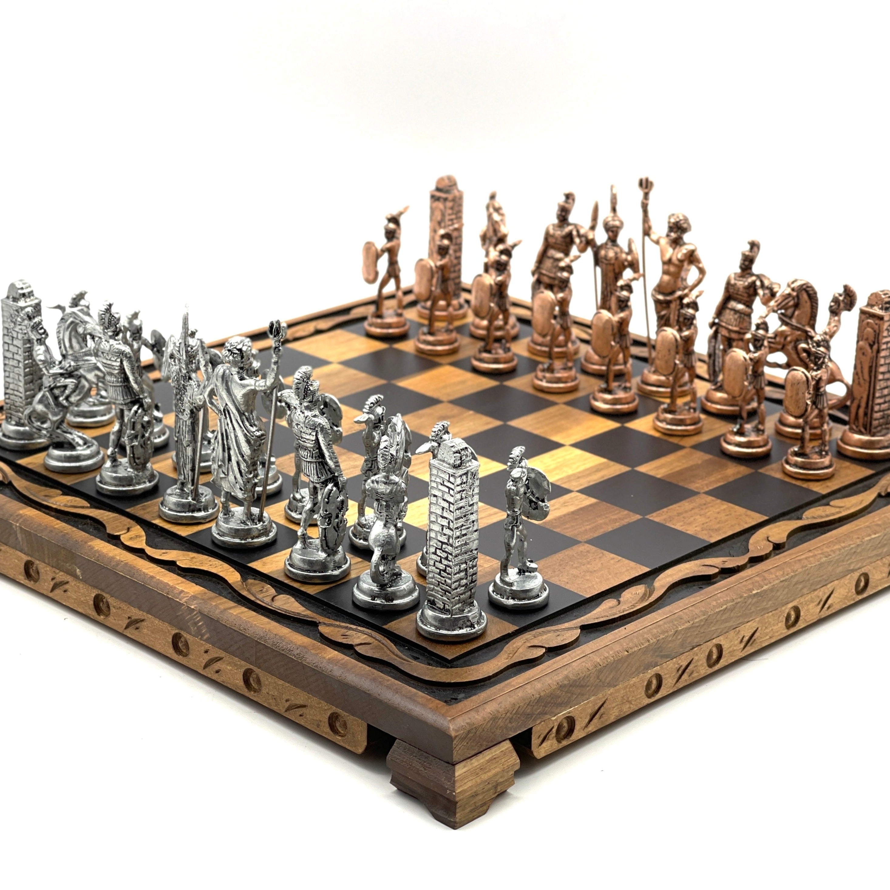 Beatifully Detailed Metal Chess Set with Wooden store Board | Handmade Chess Set | Wooden Board with Metal Pieces | Mythology Pieces |