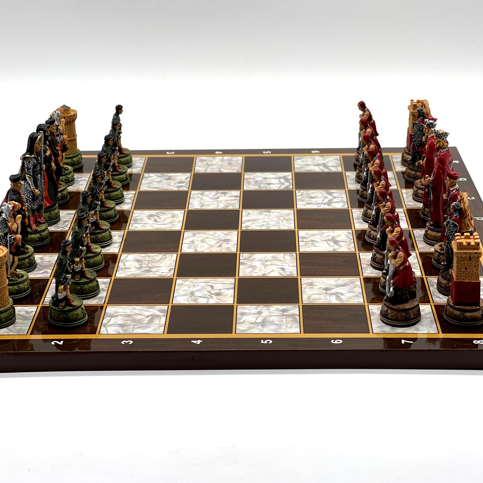 14.5" Brown Marble Pattern Wooden Chess Set With Camelot Chess Pieces