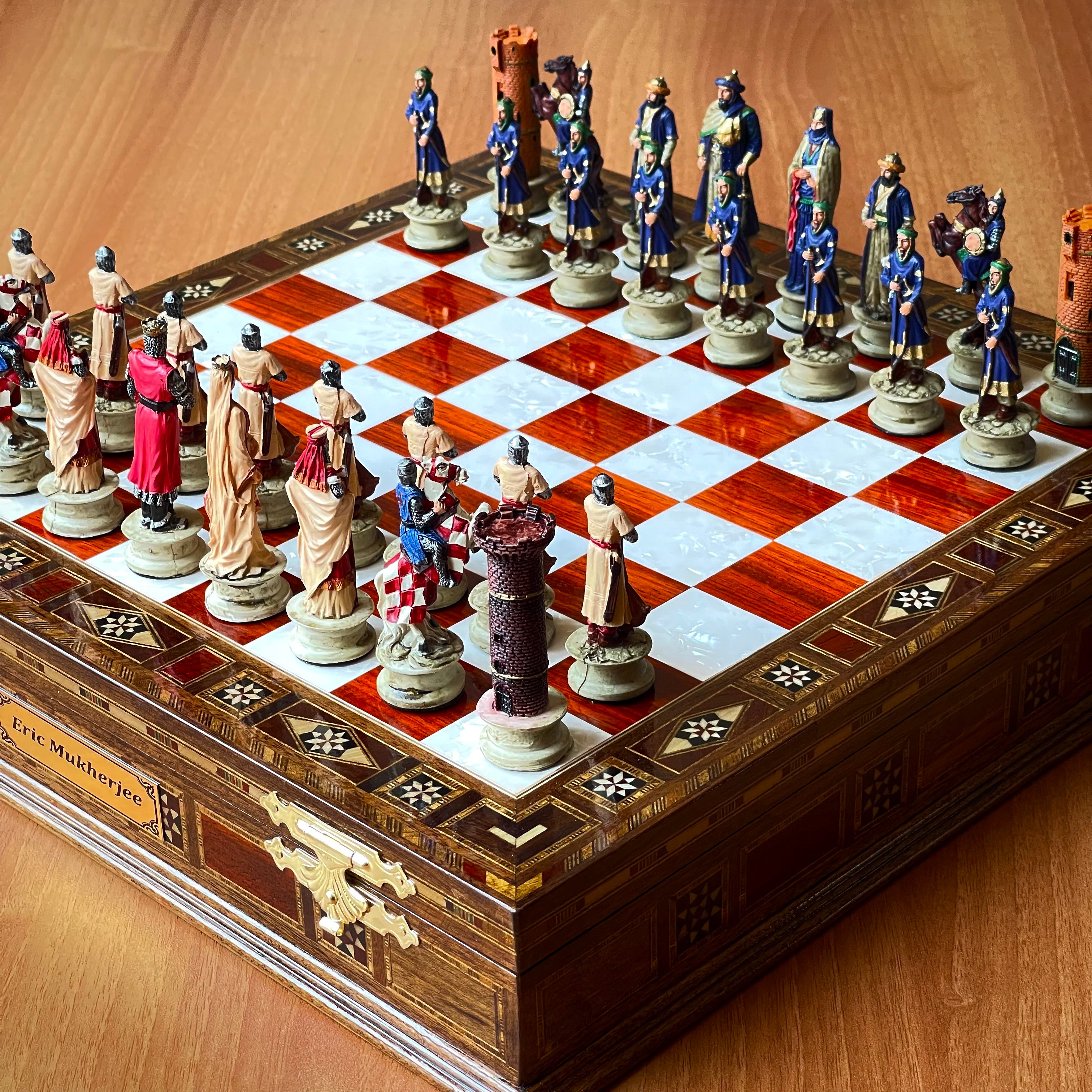 Custom Unique Wooden Storage Chess Set with Crusaders Chess Pieces