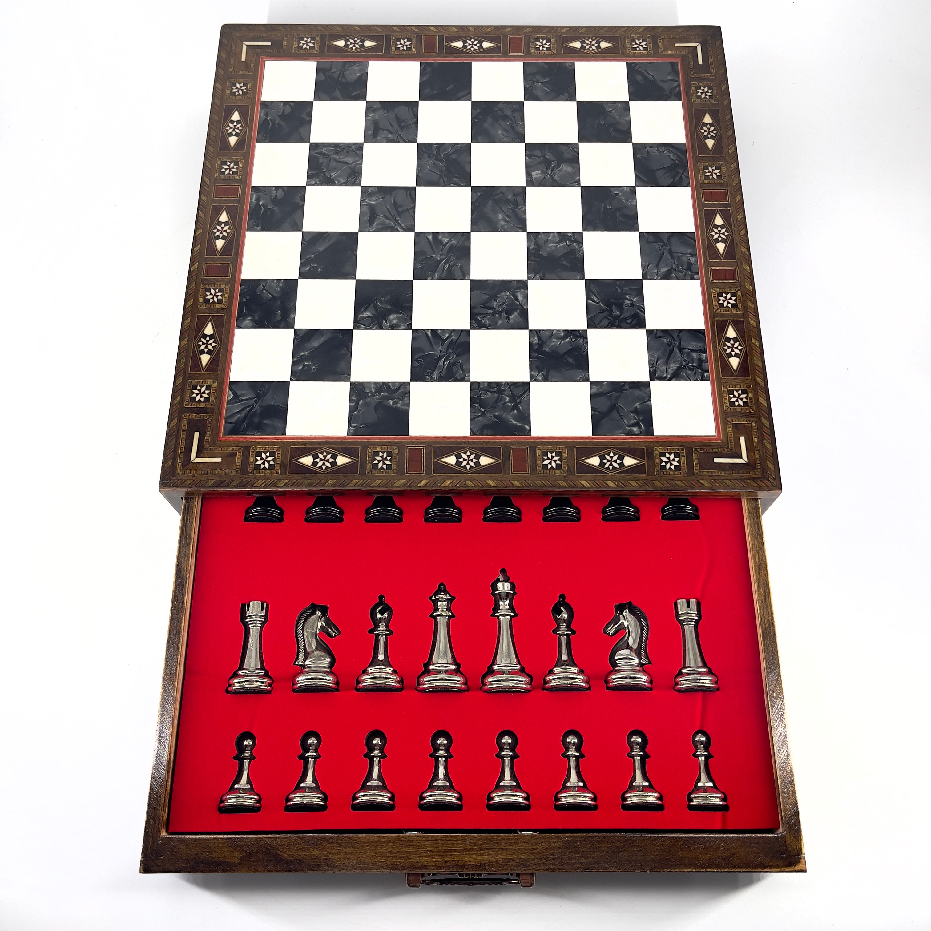 Premium Chess Set with Handmade Wooden Drawers and Black Metal Chess Pieces