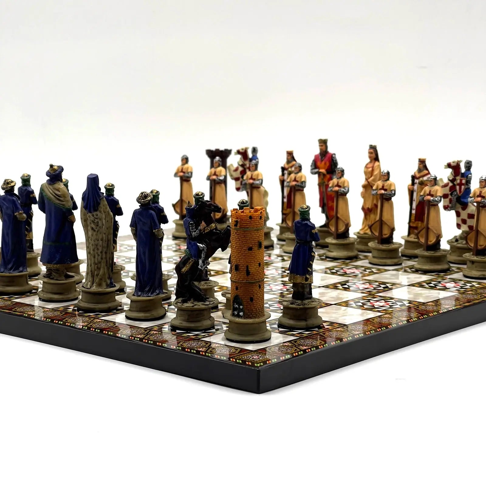 14" Mosaic Marble Patterned Chess Set With Crusaders Polyester Chess Pieces