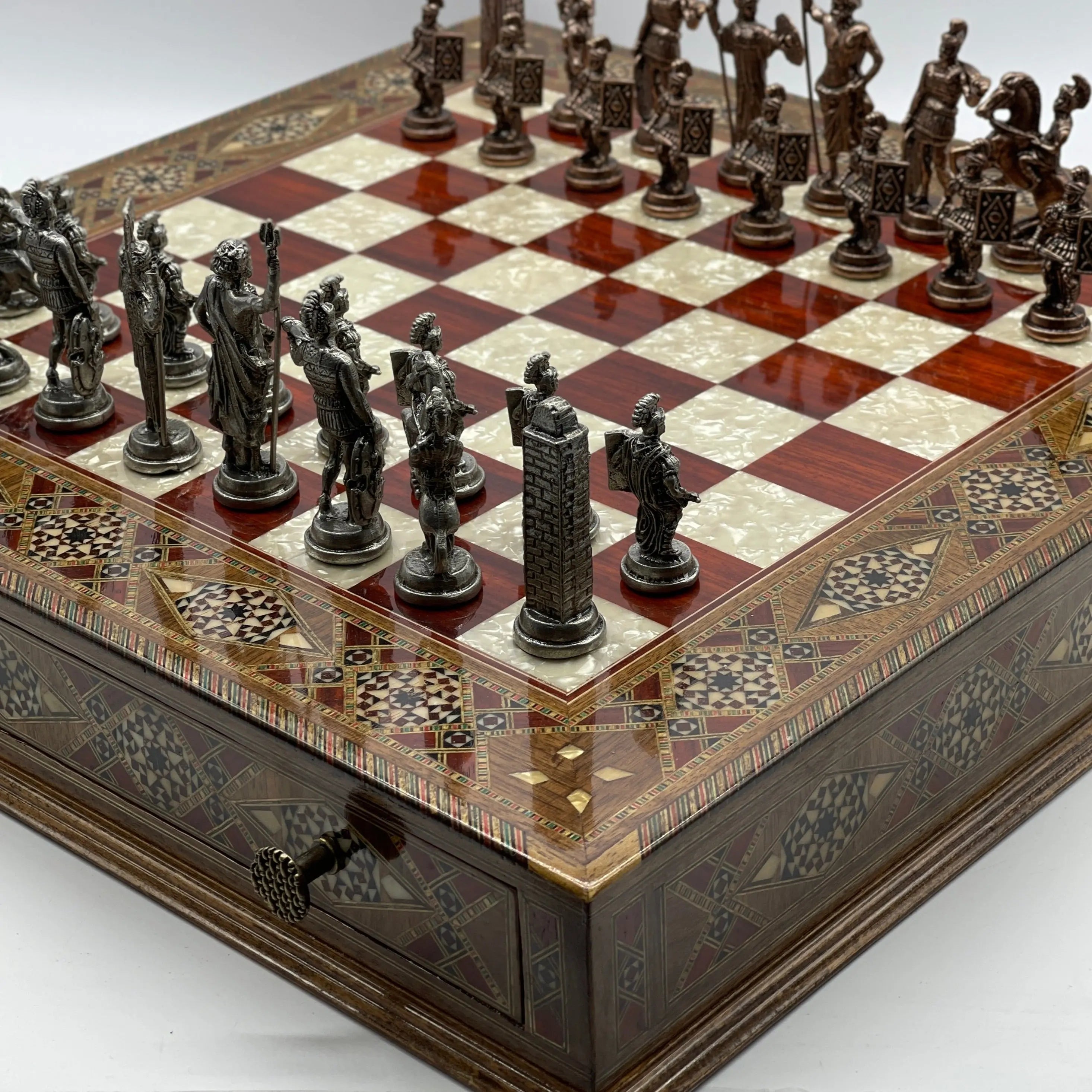Large Wooden Luxury Handcrafted Rosewood Chess Set with Greek Metal Chess Pieces