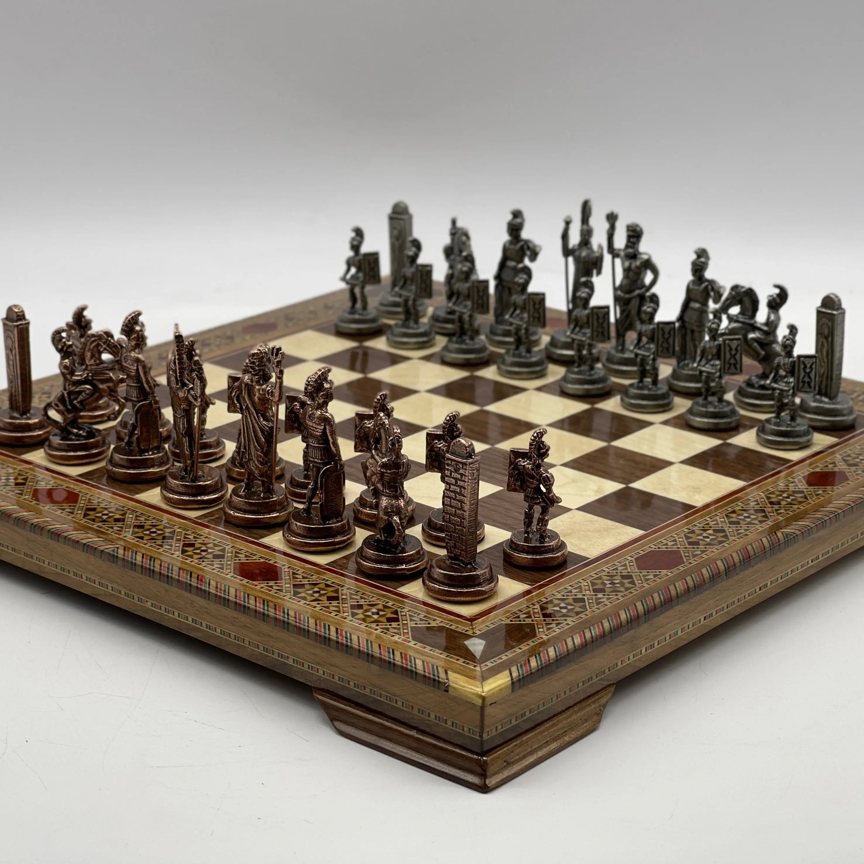 13" Personalized Walnut Chess Board with Greek Metal Chess Pieces
