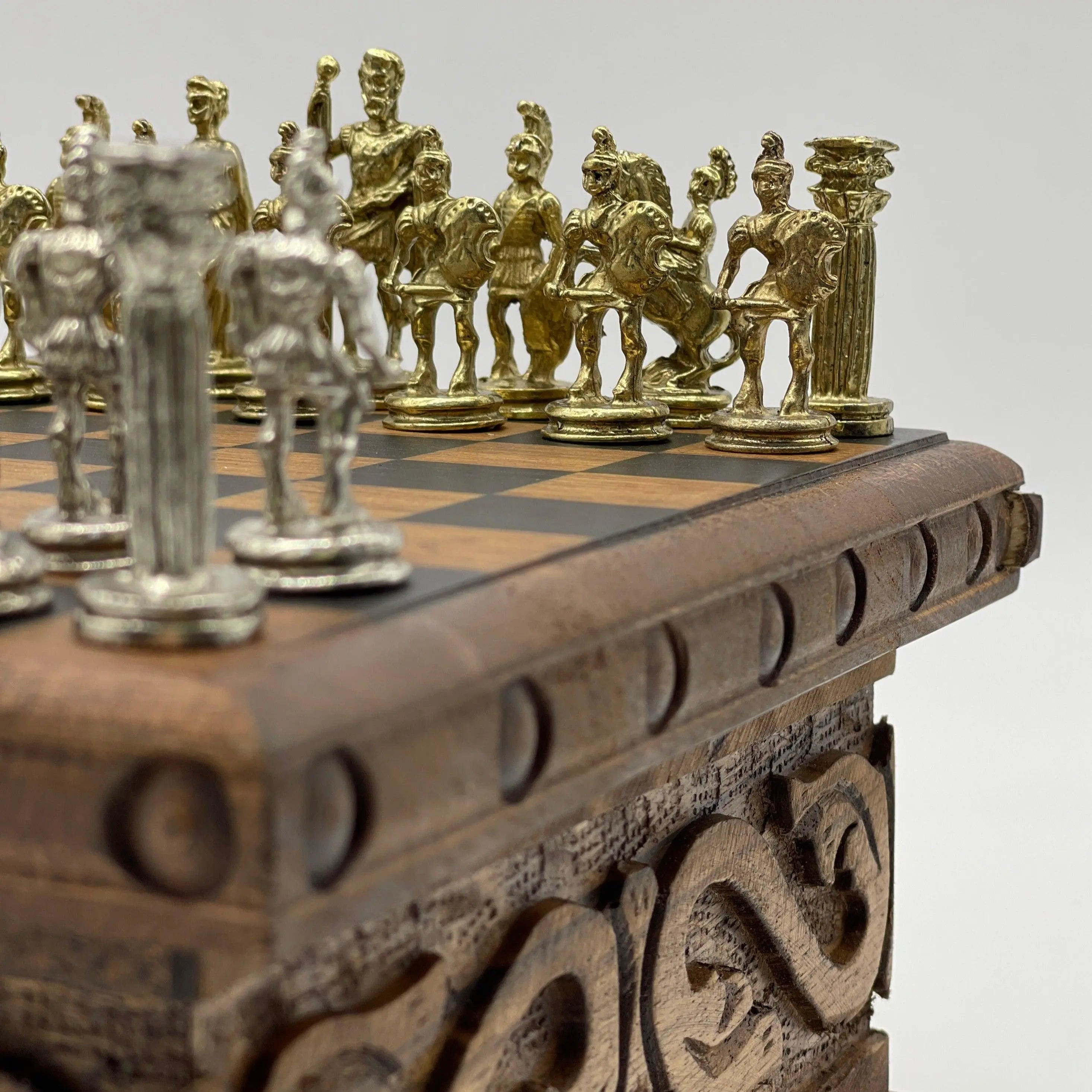 Personalized Mini Wooden Chess Box with Hidden Compartment, Romans Metal Chess Pieces - AsyaWoodArt