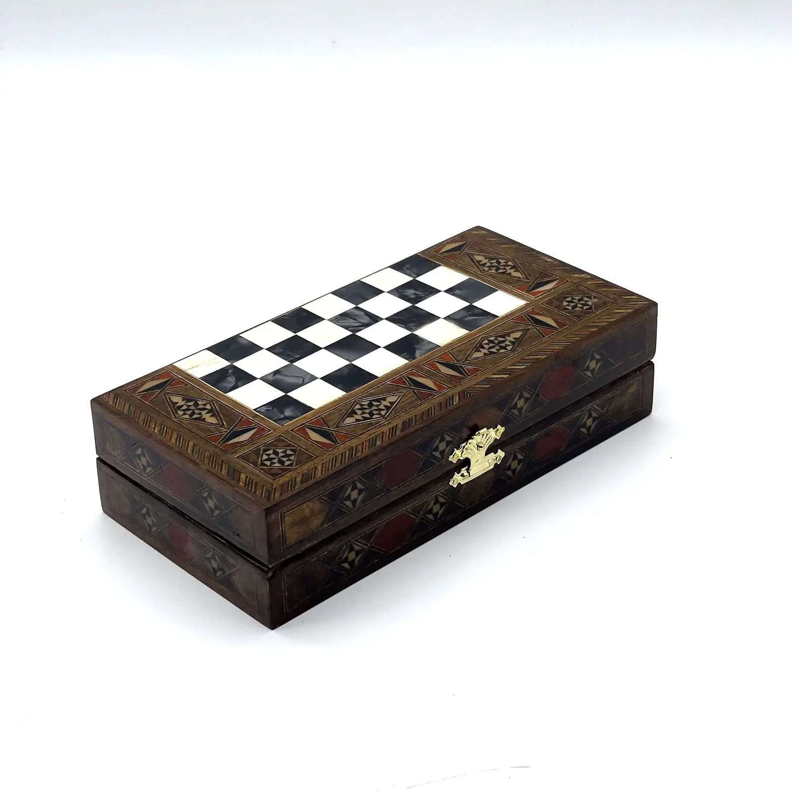 8.9" Black Small Folding Wooden Chess Set and Backgammon Set asyawoodart