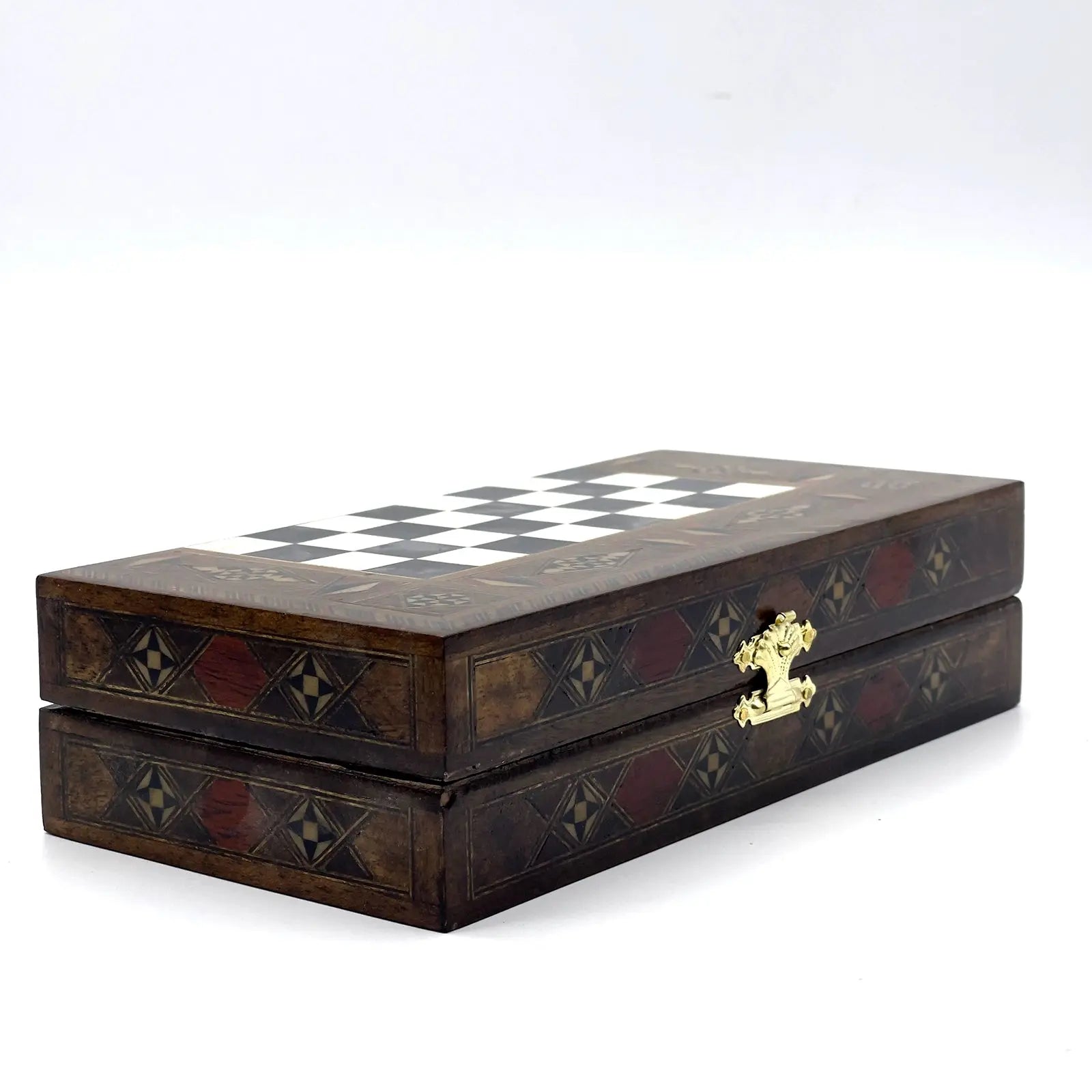 8.9" Black Small Folding Wooden Chess Set and Backgammon Set