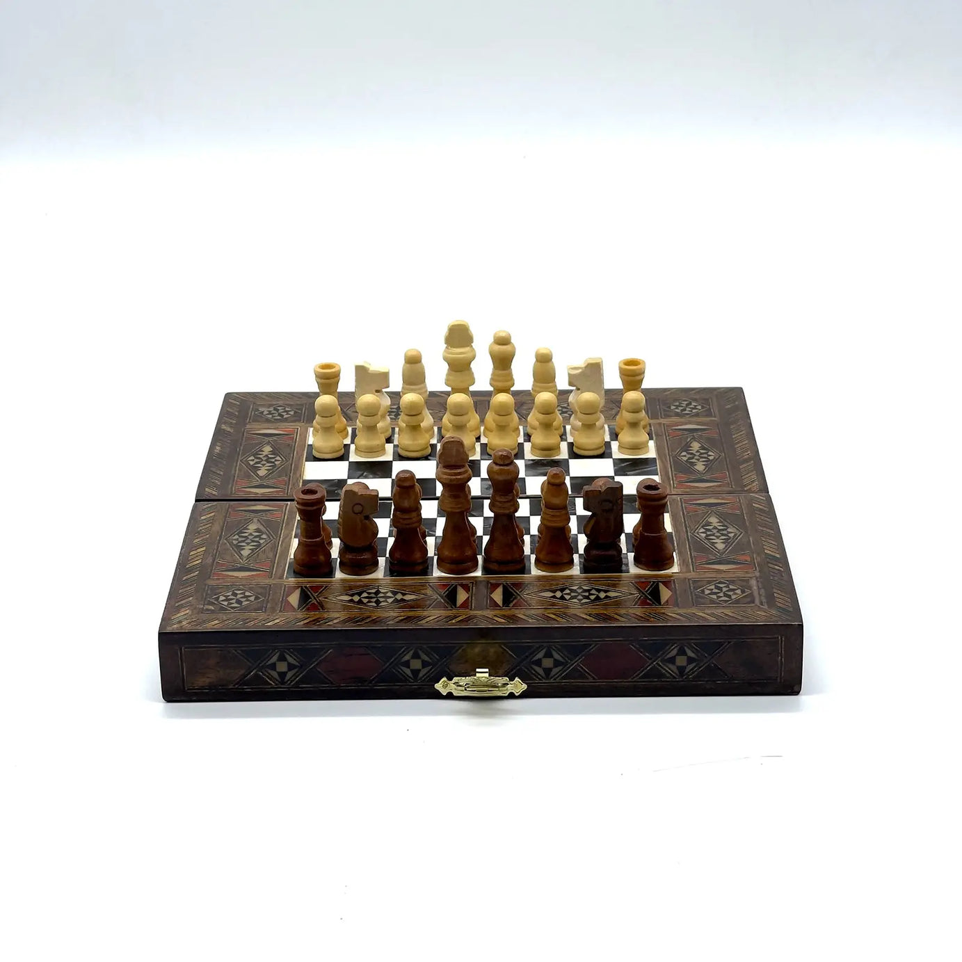 8.9" Black Small Folding Wooden Chess Set and Backgammon Set