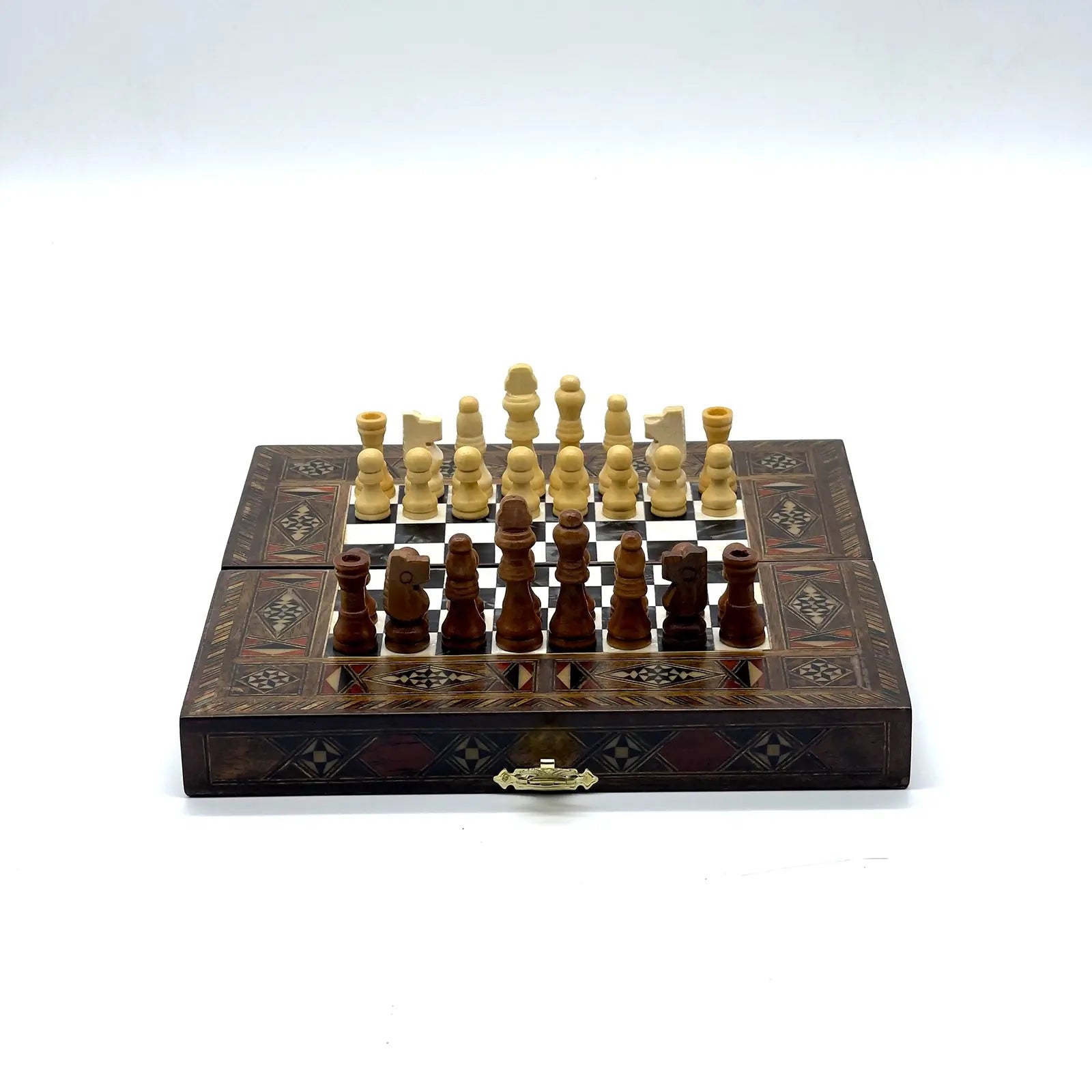 8.9" Black Small Folding Wooden Chess Set and Backgammon Set