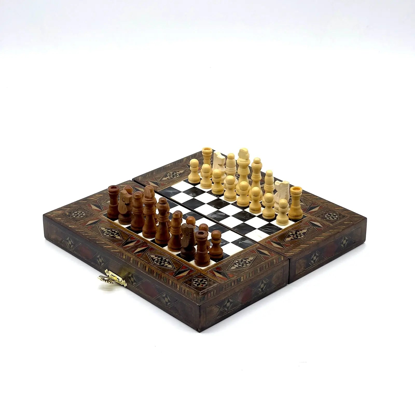 8.9" Black Small Folding Wooden Chess Set and Backgammon Set