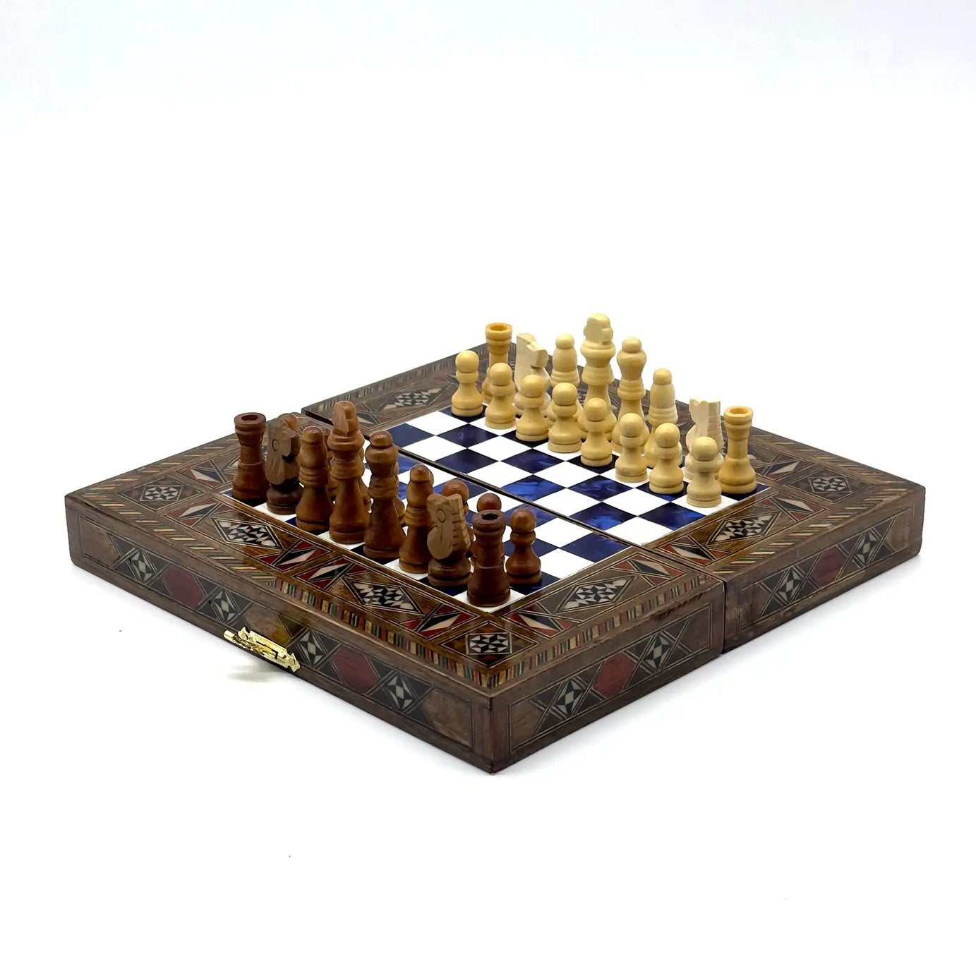 8.9" Blue Small Folding Wooden Chess Set and Backgammon Set