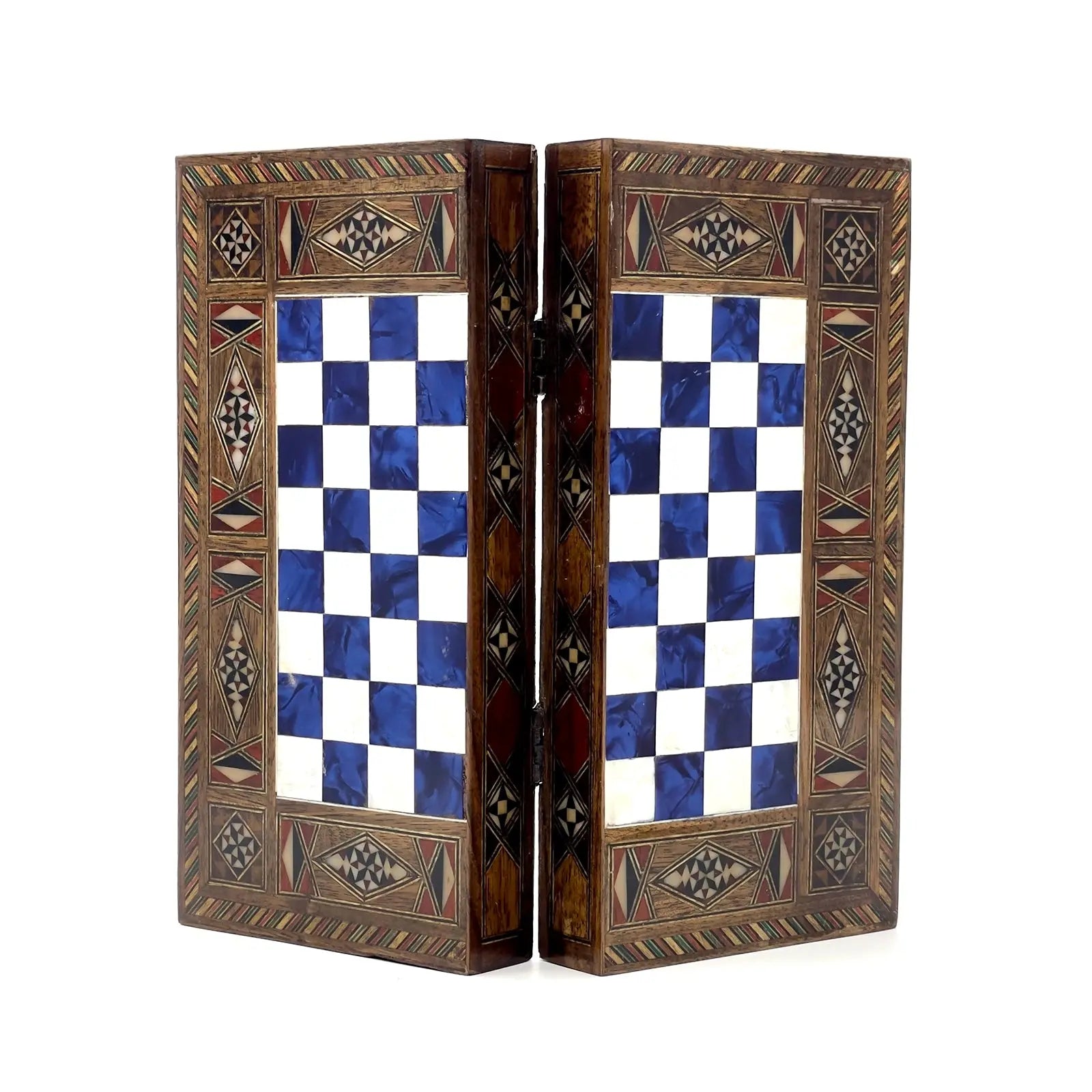 8.9" Blue Small Folding Wooden Chess Set and Backgammon Set