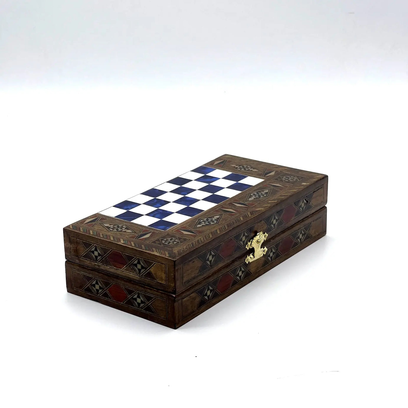 8.9" Blue Small Folding Wooden Chess Set and Backgammon Set