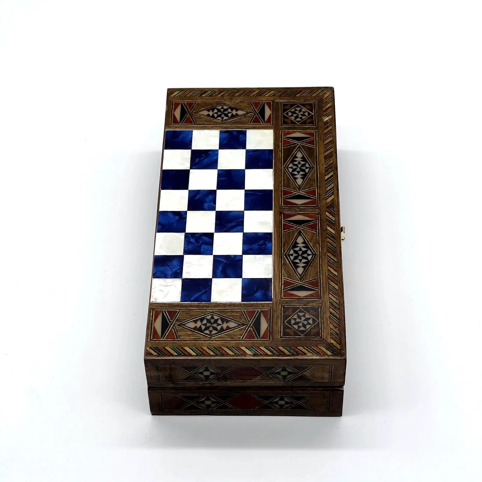 8.9" Blue Small Folding Wooden Chess Set and Backgammon Set