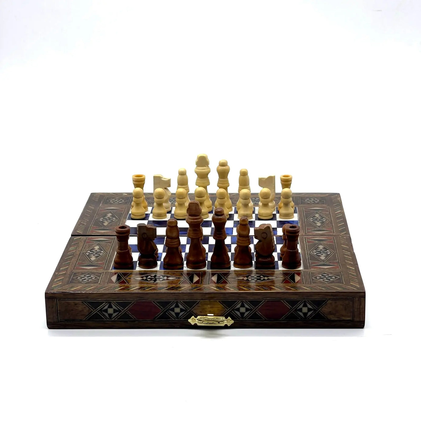 8.9" Blue Small Folding Wooden Chess Set and Backgammon Set