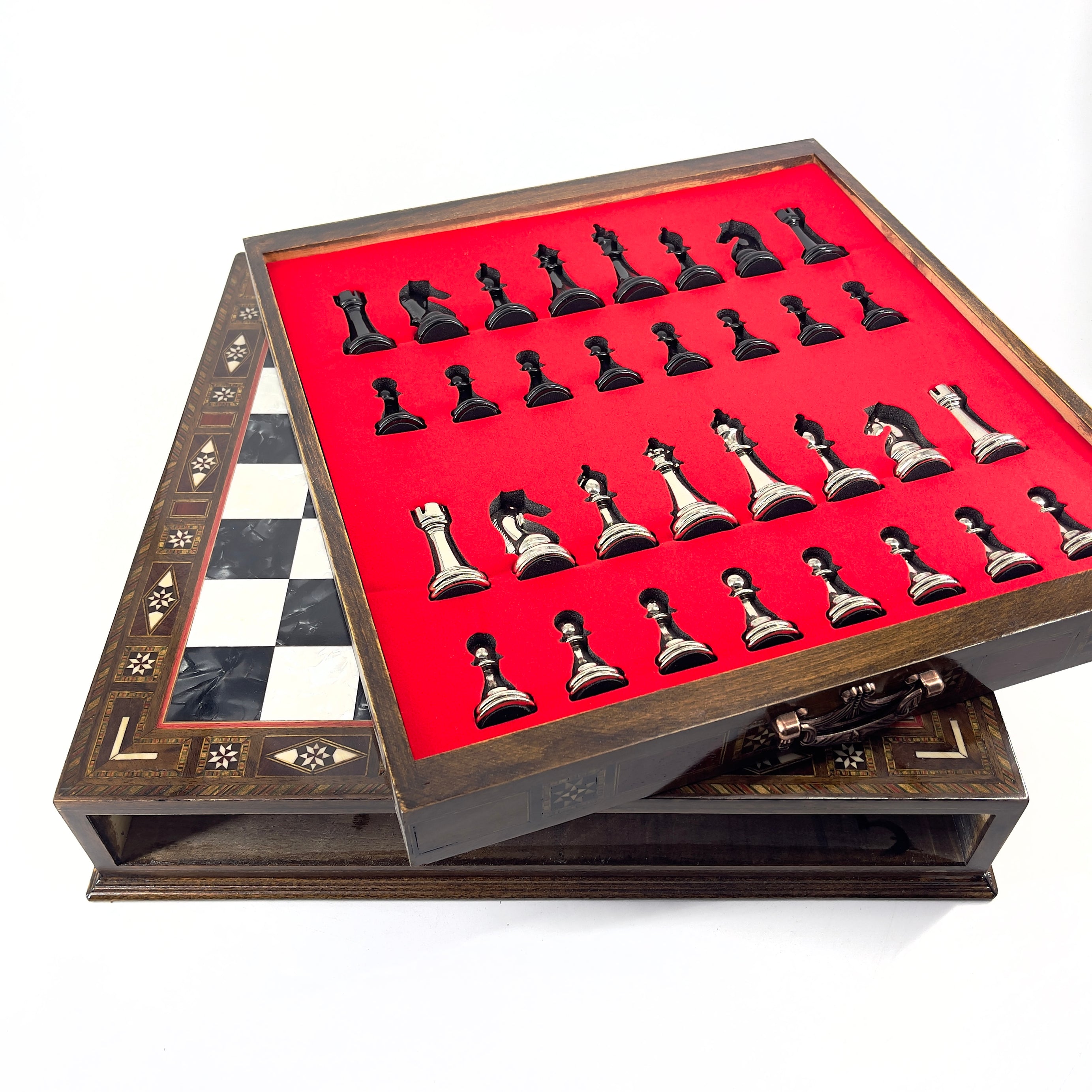 Premium Chess Set with Handmade Wooden Drawers and Black Metal Chess Pieces