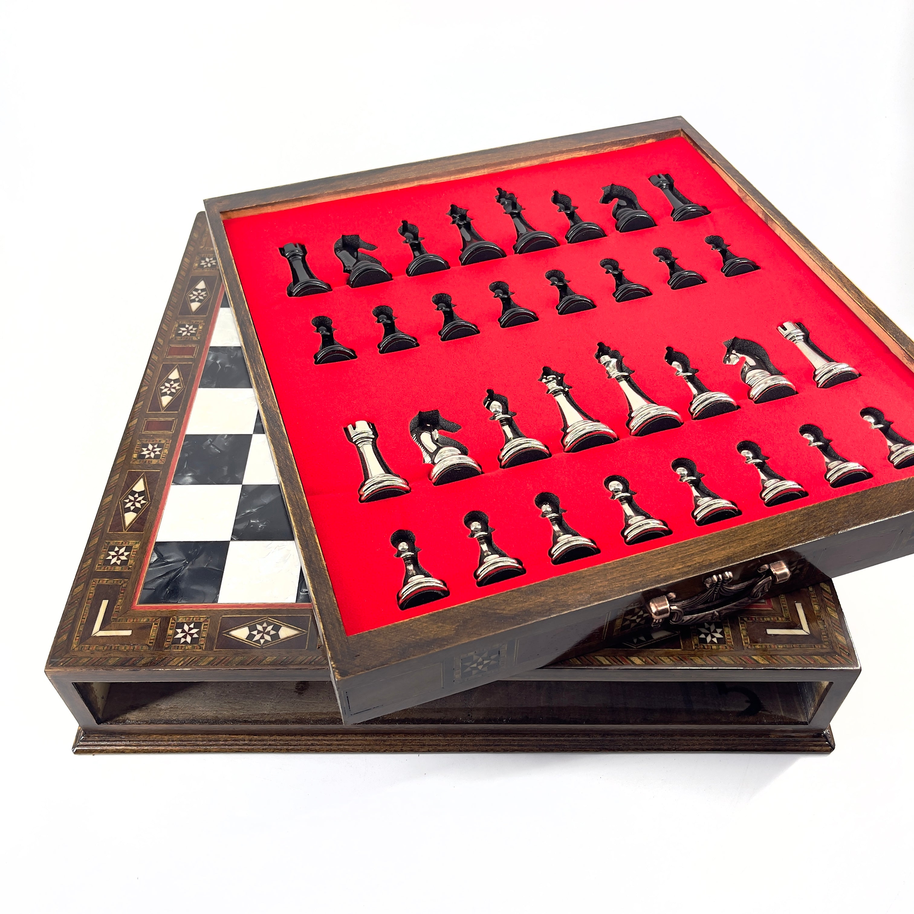 Premium Chess Set with Handmade Wooden Drawers and Black Metal Chess Pieces