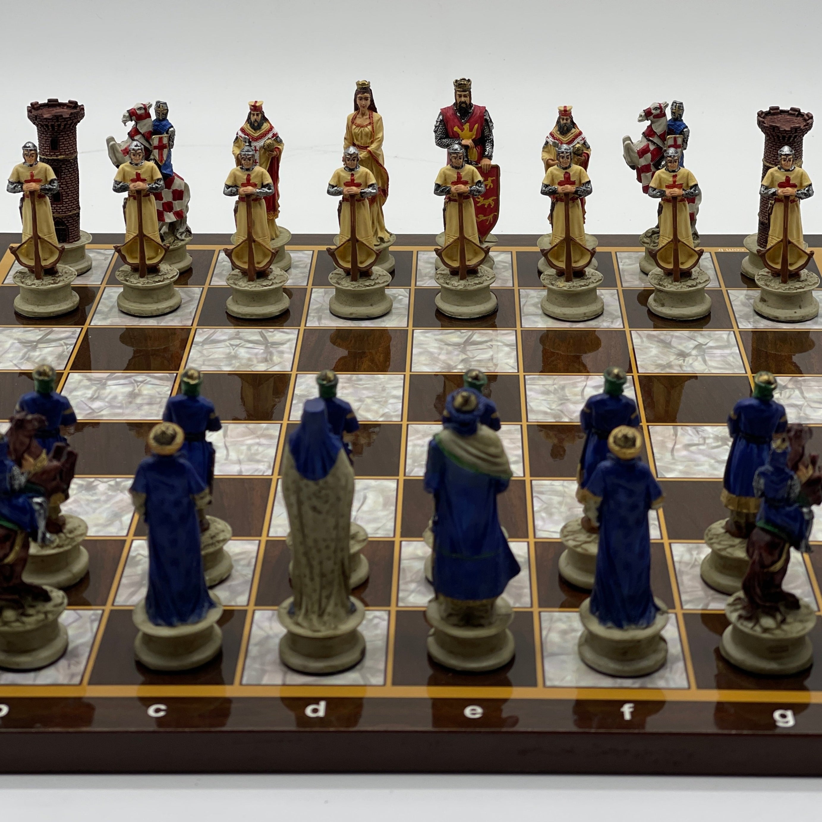 14.5" Brown Marble Pattern Wooden Chess Board With Crusaders Chess Pieces