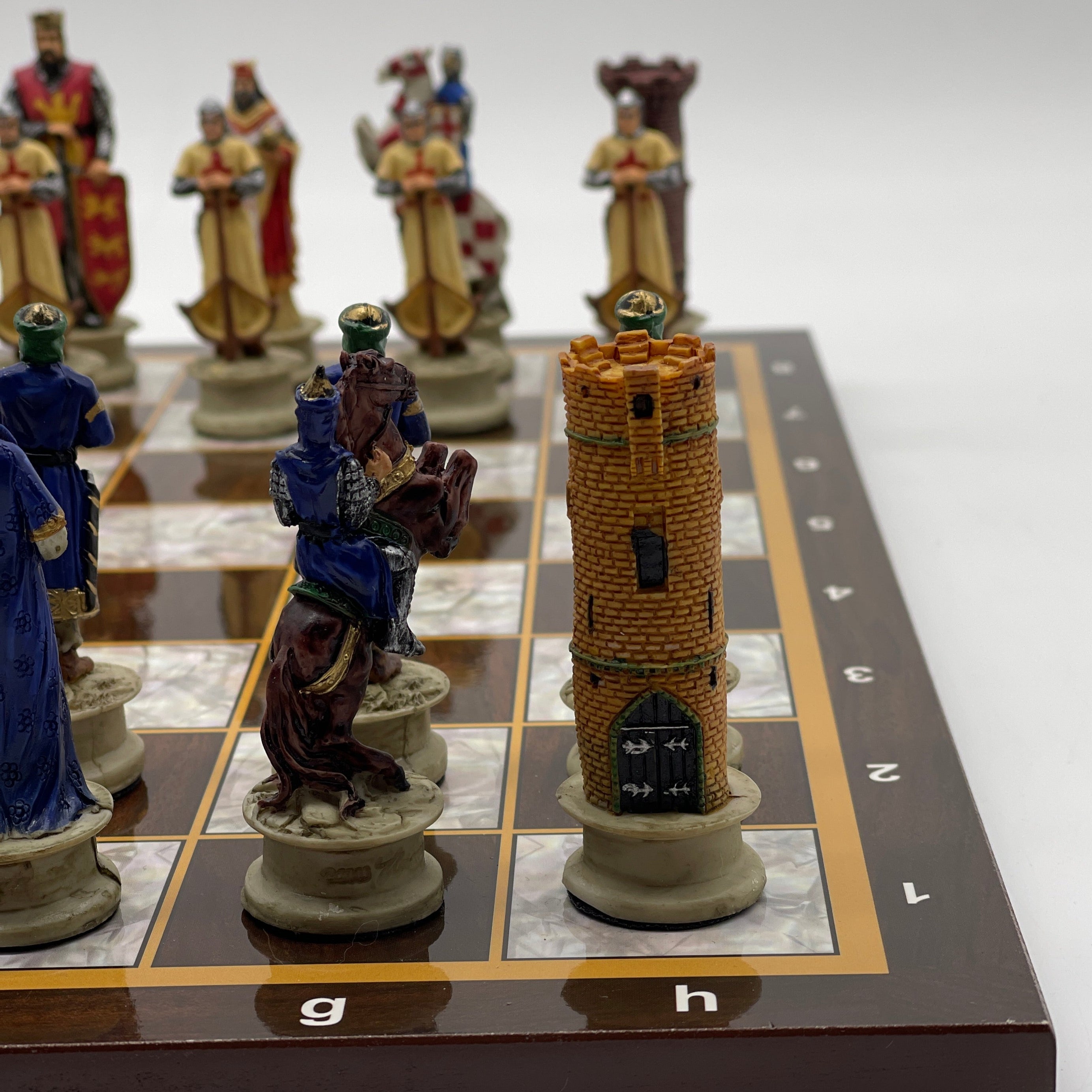 14.5" Brown Marble Pattern Wooden Chess Board With Crusaders Chess Pieces