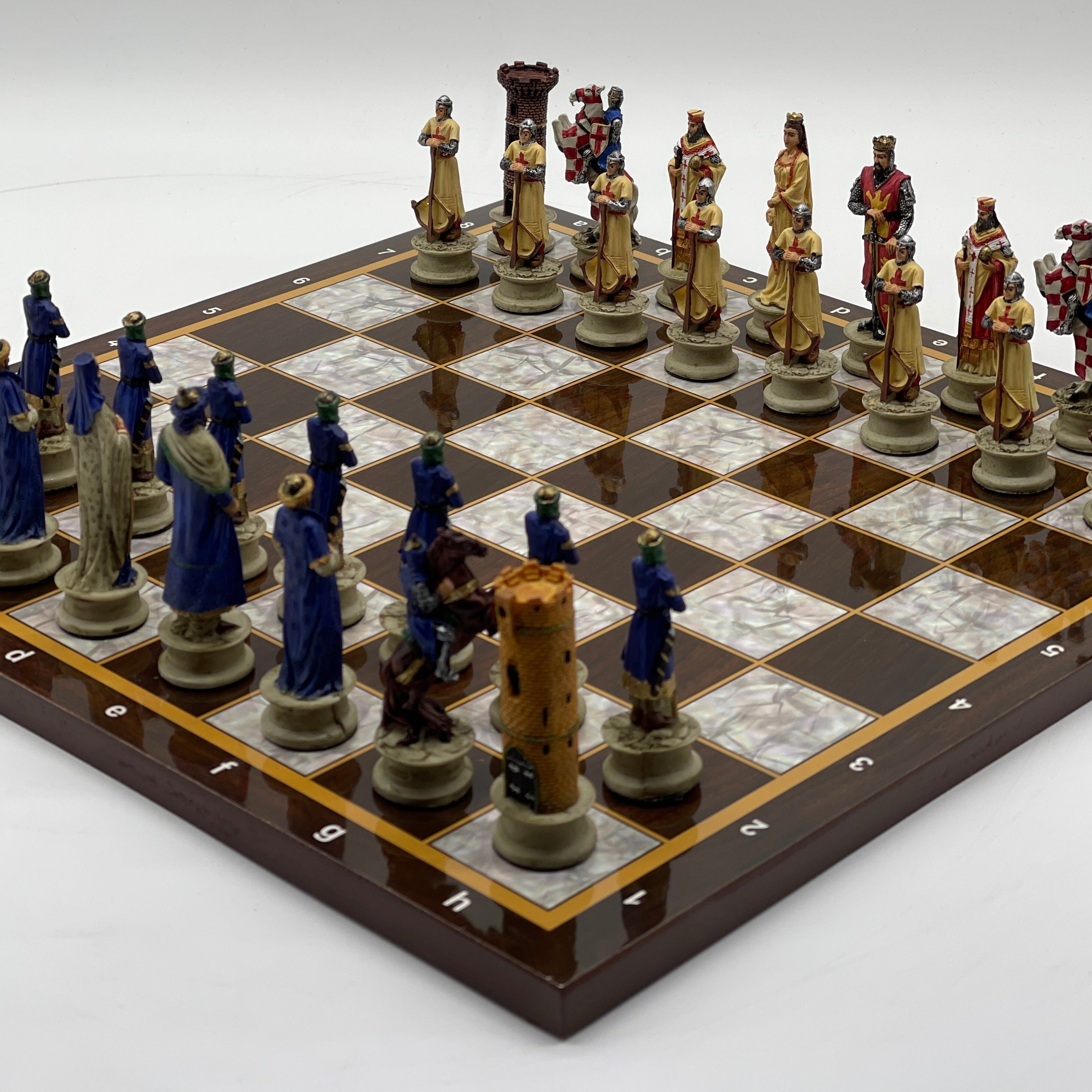 14.5" Brown Marble Pattern Wooden Chess Board With Crusaders Chess Pieces