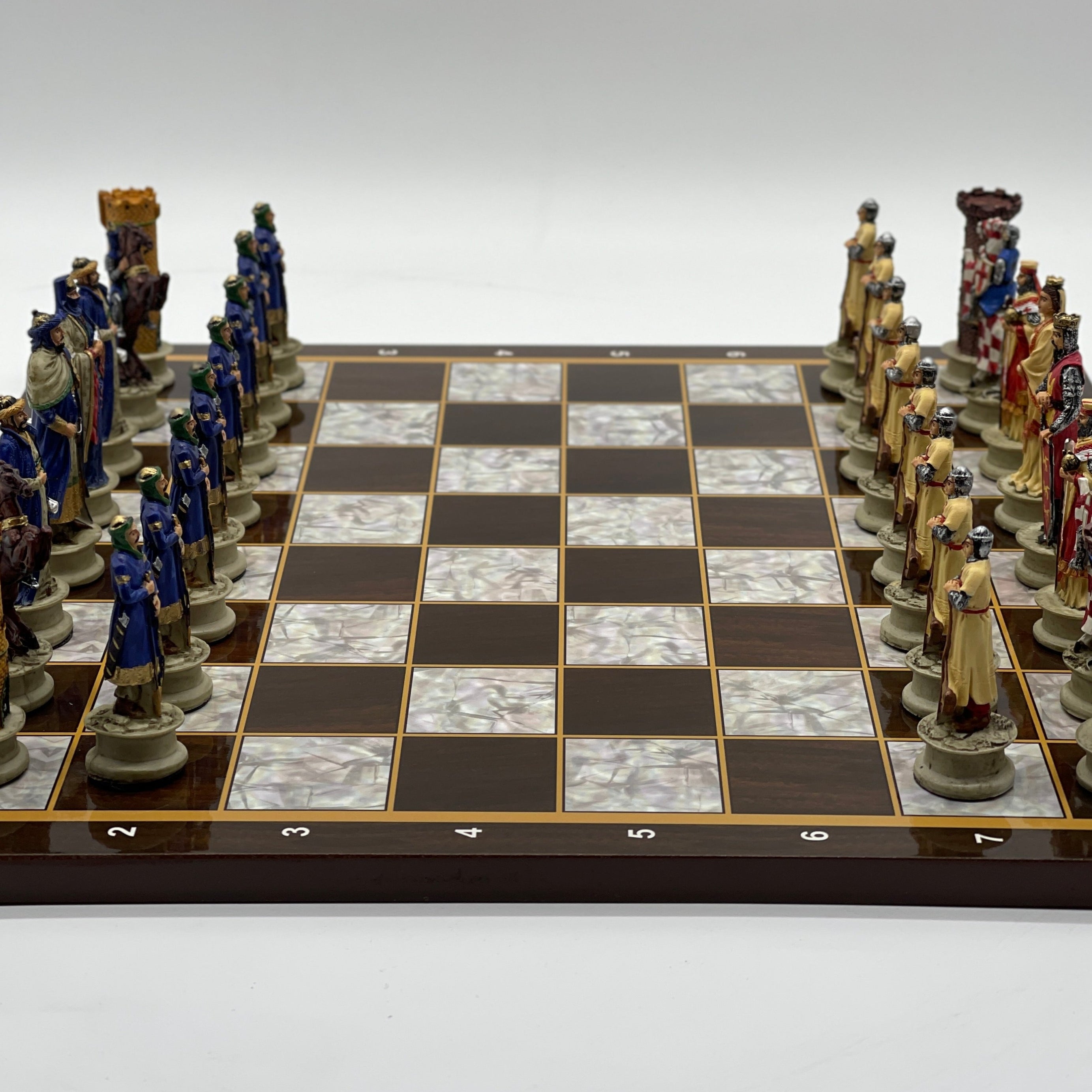 14.5" Brown Marble Pattern Wooden Chess Board With Crusaders Chess Pieces