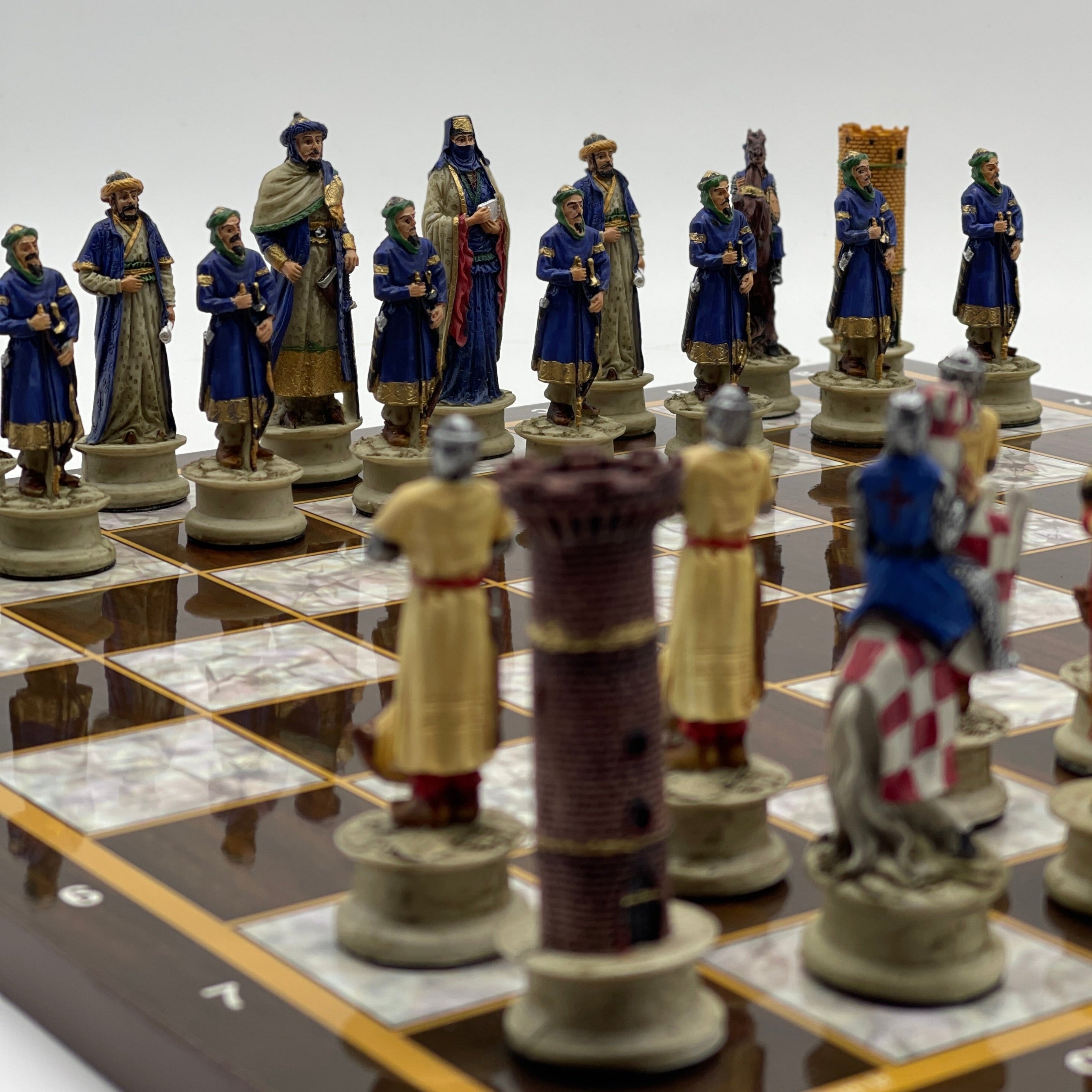 14.5" Brown Marble Pattern Wooden Chess Board With Crusaders Chess Pieces