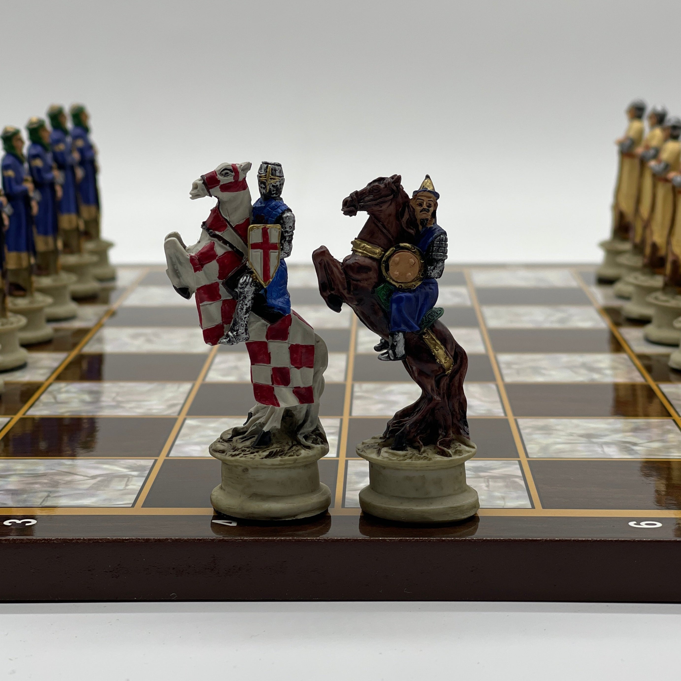 14.5" Brown Marble Pattern Wooden Chess Board With Crusaders Chess Pieces