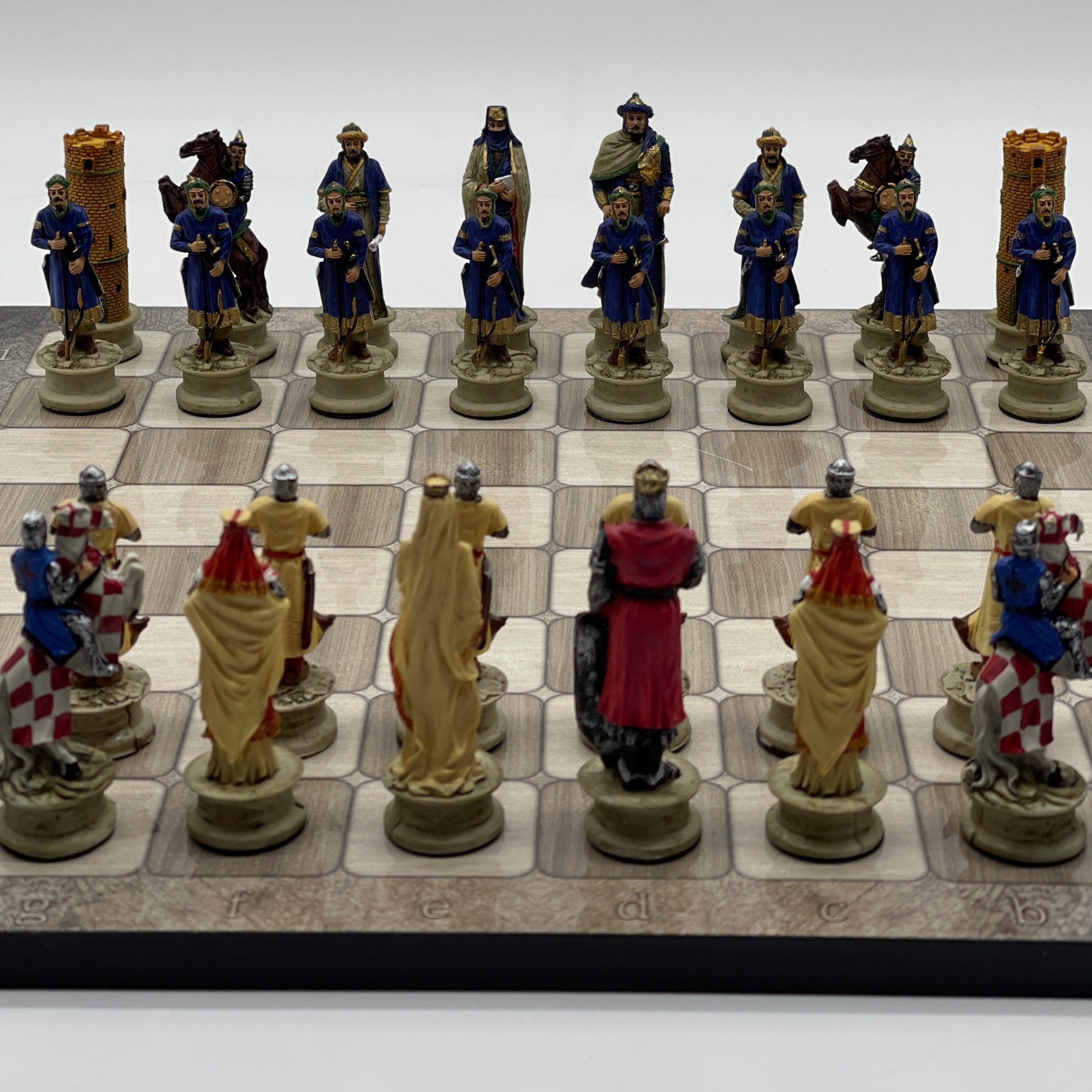 Gray Marble Pattern Wooden Chess Board With Crusaders Chess Pieces