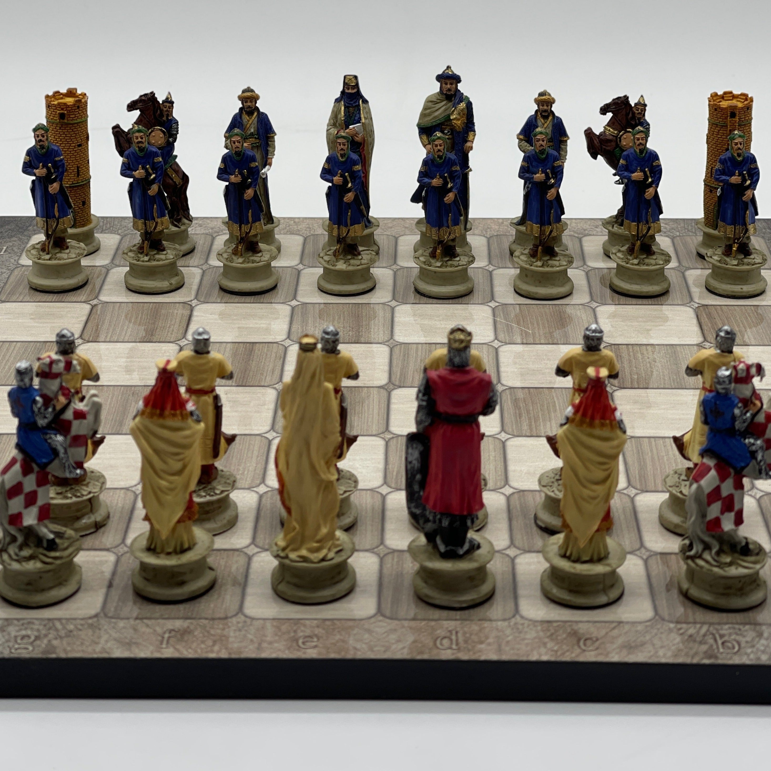 Gray Marble Pattern Wooden Chess Board With Crusaders Chess Pieces