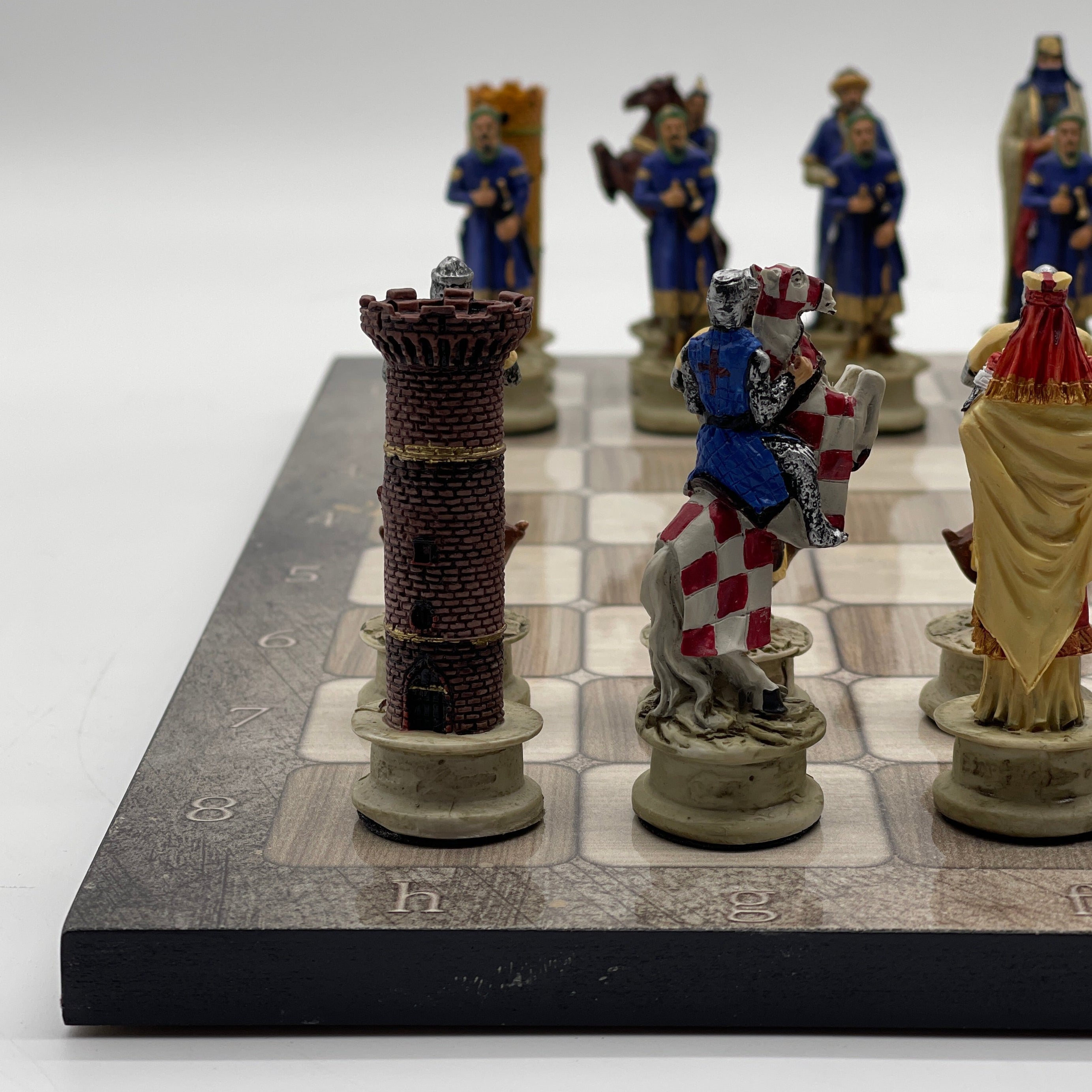 Gray Marble Pattern Wooden Chess Board With Crusaders Chess Pieces