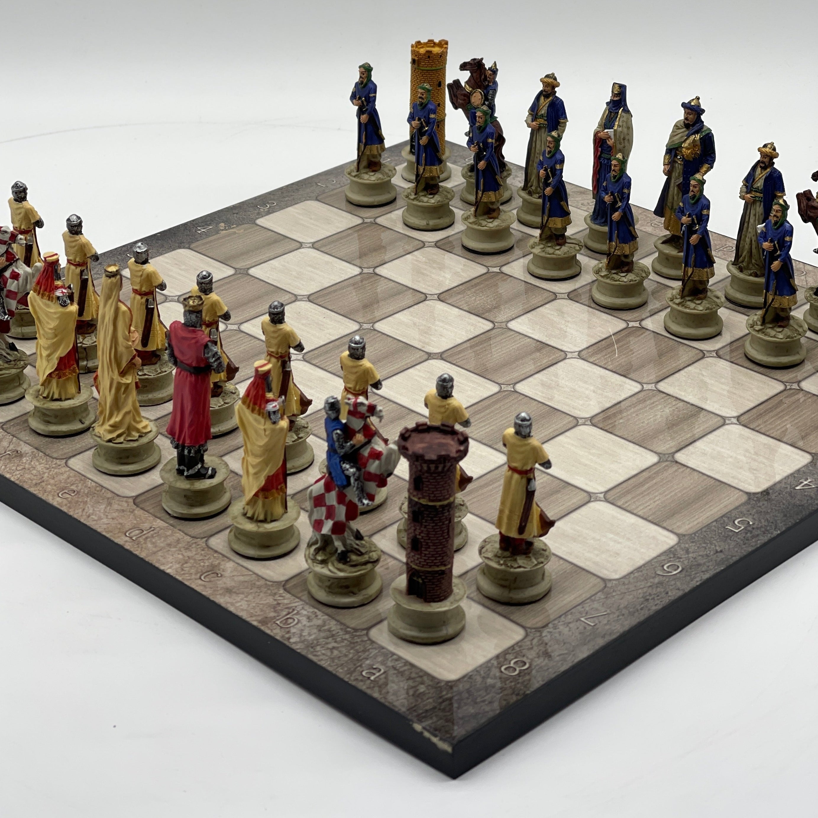 Gray Marble Pattern Wooden Chess Board With Crusaders Chess Pieces