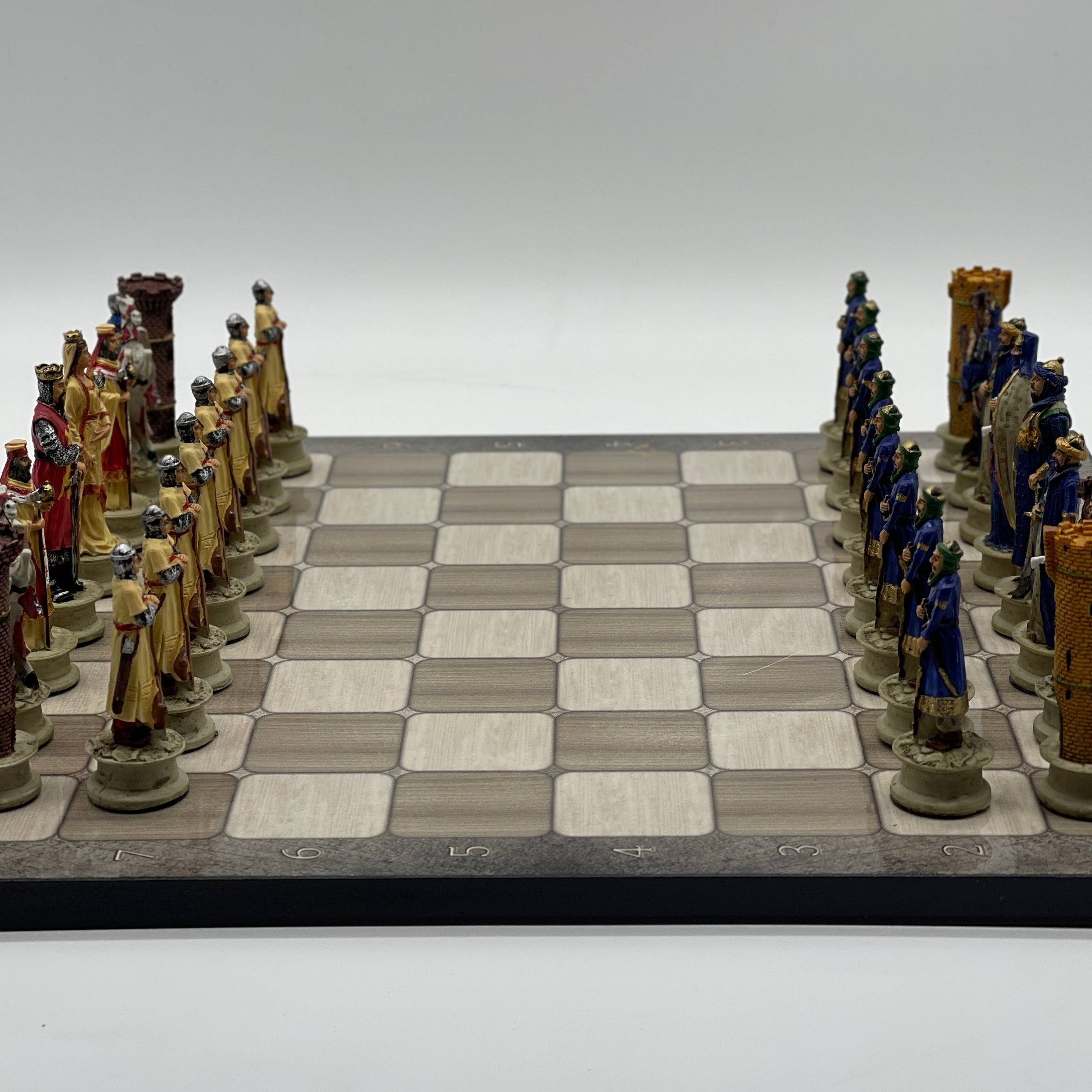 Gray Marble Pattern Wooden Chess Board With Crusaders Chess Pieces