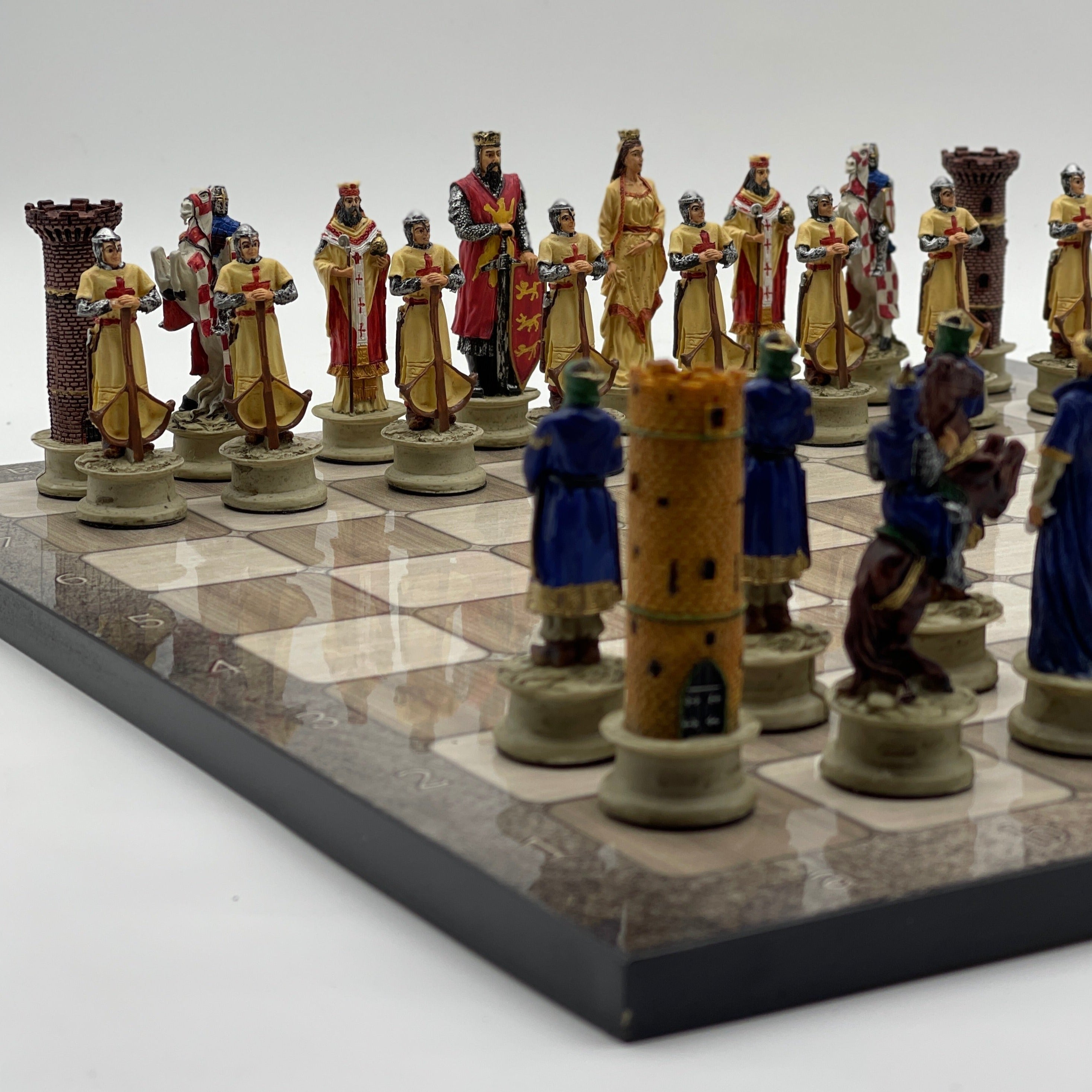 Gray Marble Pattern Wooden Chess Board With Crusaders Chess Pieces