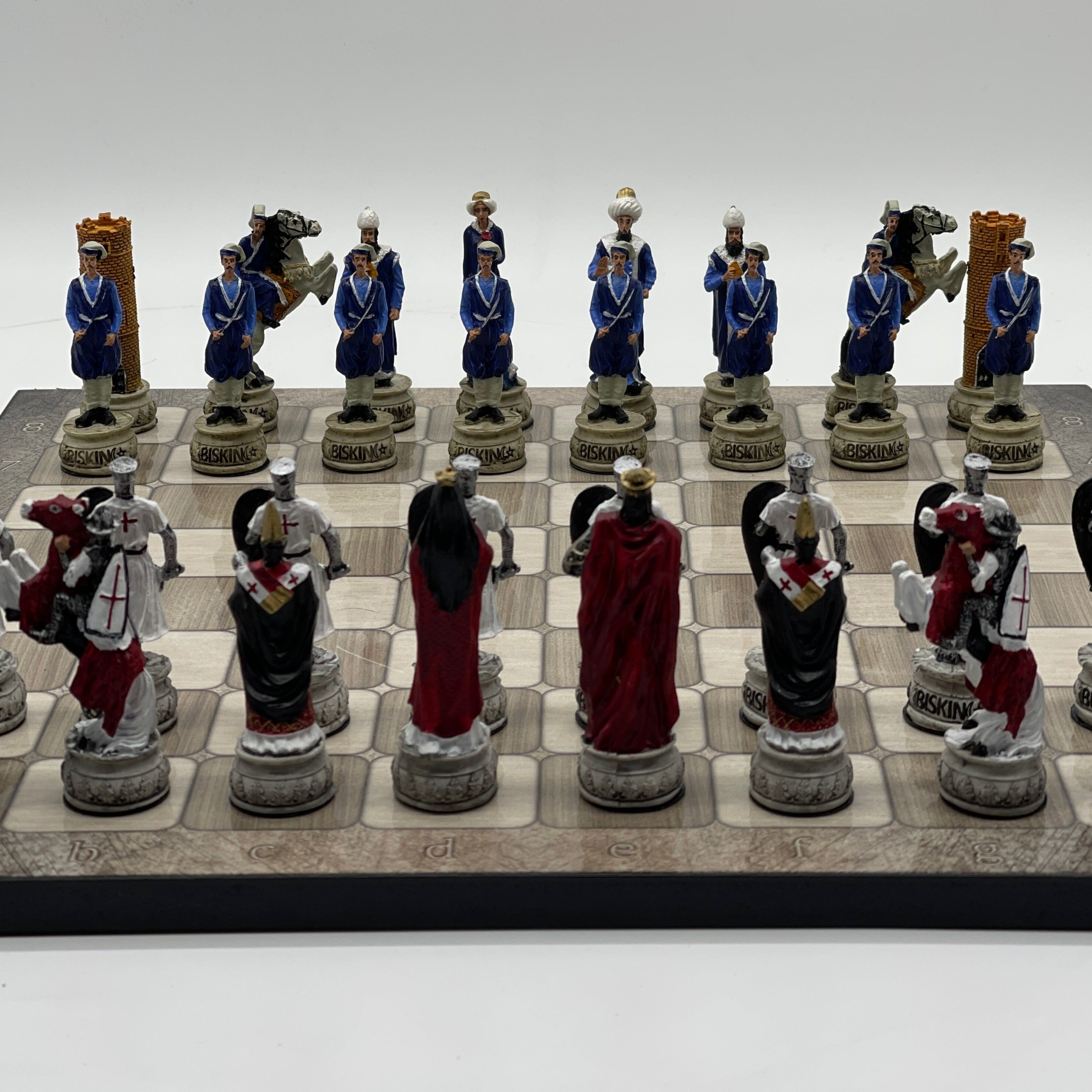 Gray Marble Pattern Wooden Chess Board With Crusaders Chess Pieces