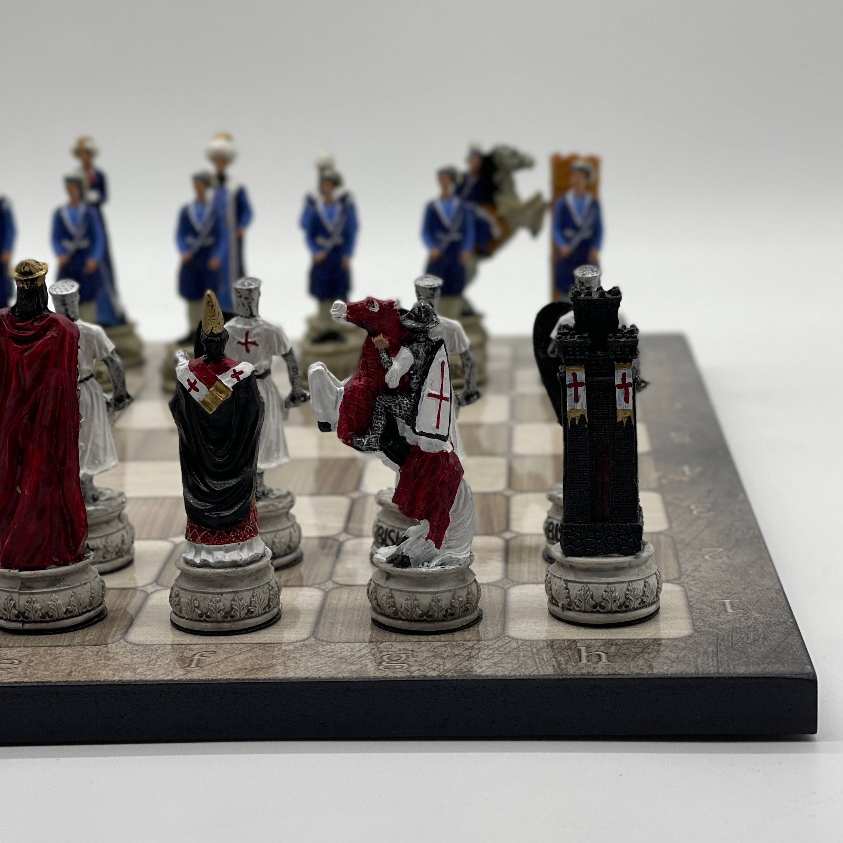Gray Marble Pattern Wooden Chess Board With Crusaders Chess Pieces