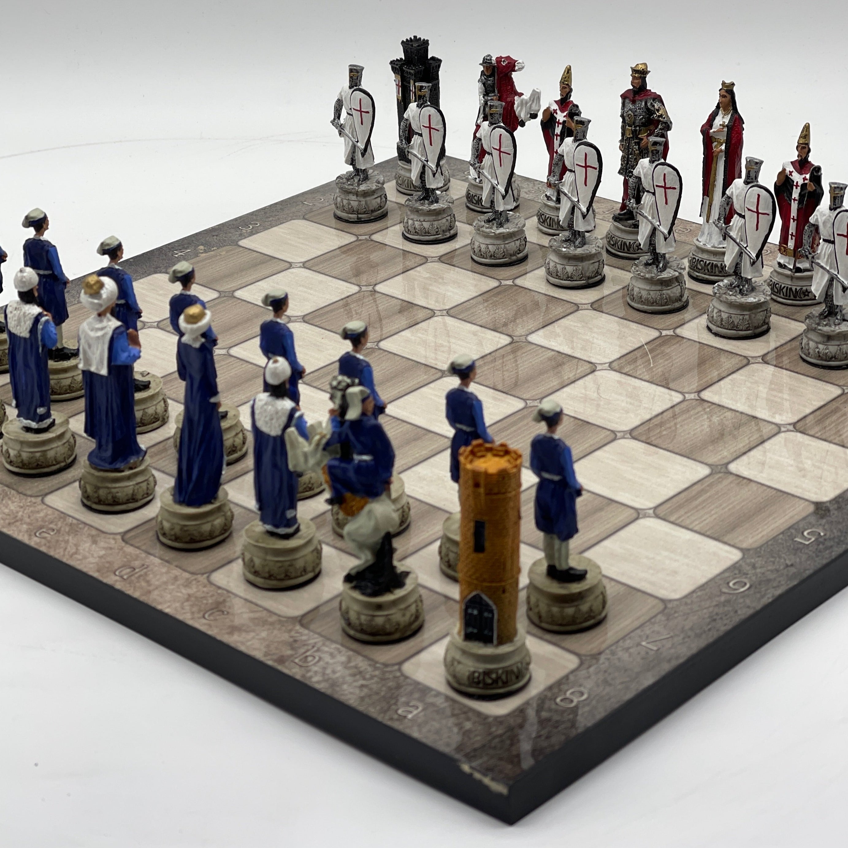 Gray Marble Pattern Wooden Chess Board With Crusaders Chess Pieces