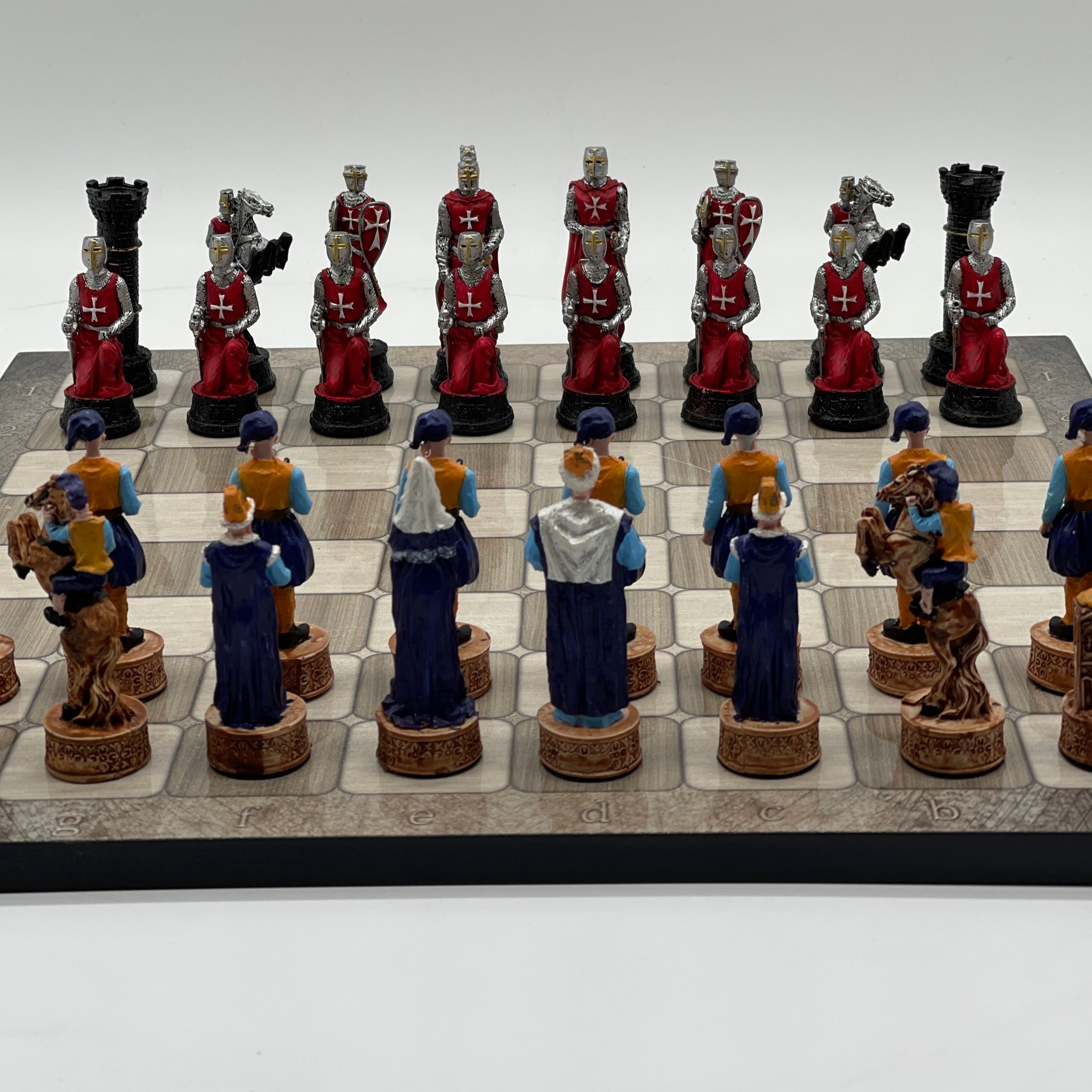 Gray Marble Pattern Wooden Chess Board With Crusaders Chess Pieces