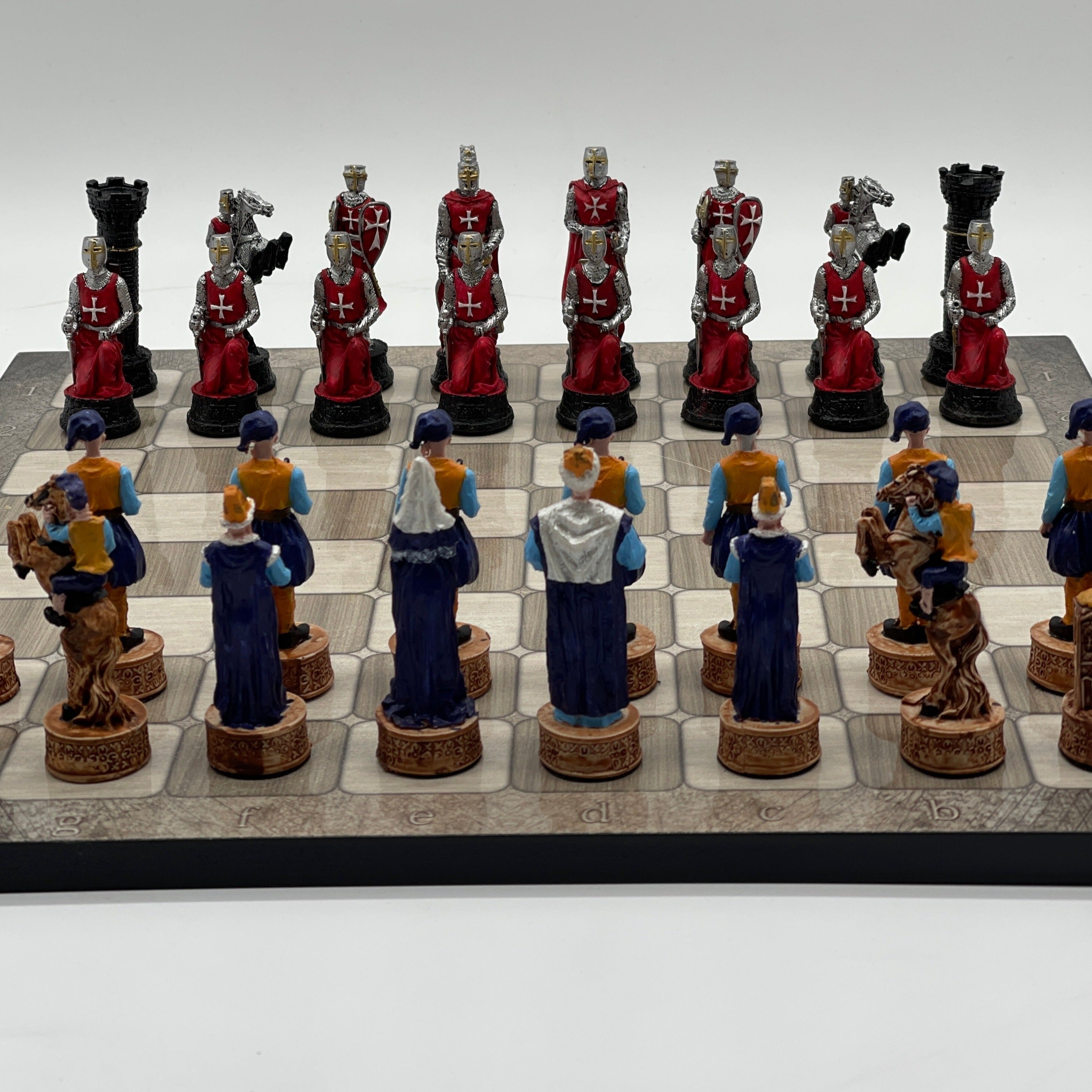 Gray Marble Pattern Wooden Chess Board With Crusaders Chess Pieces