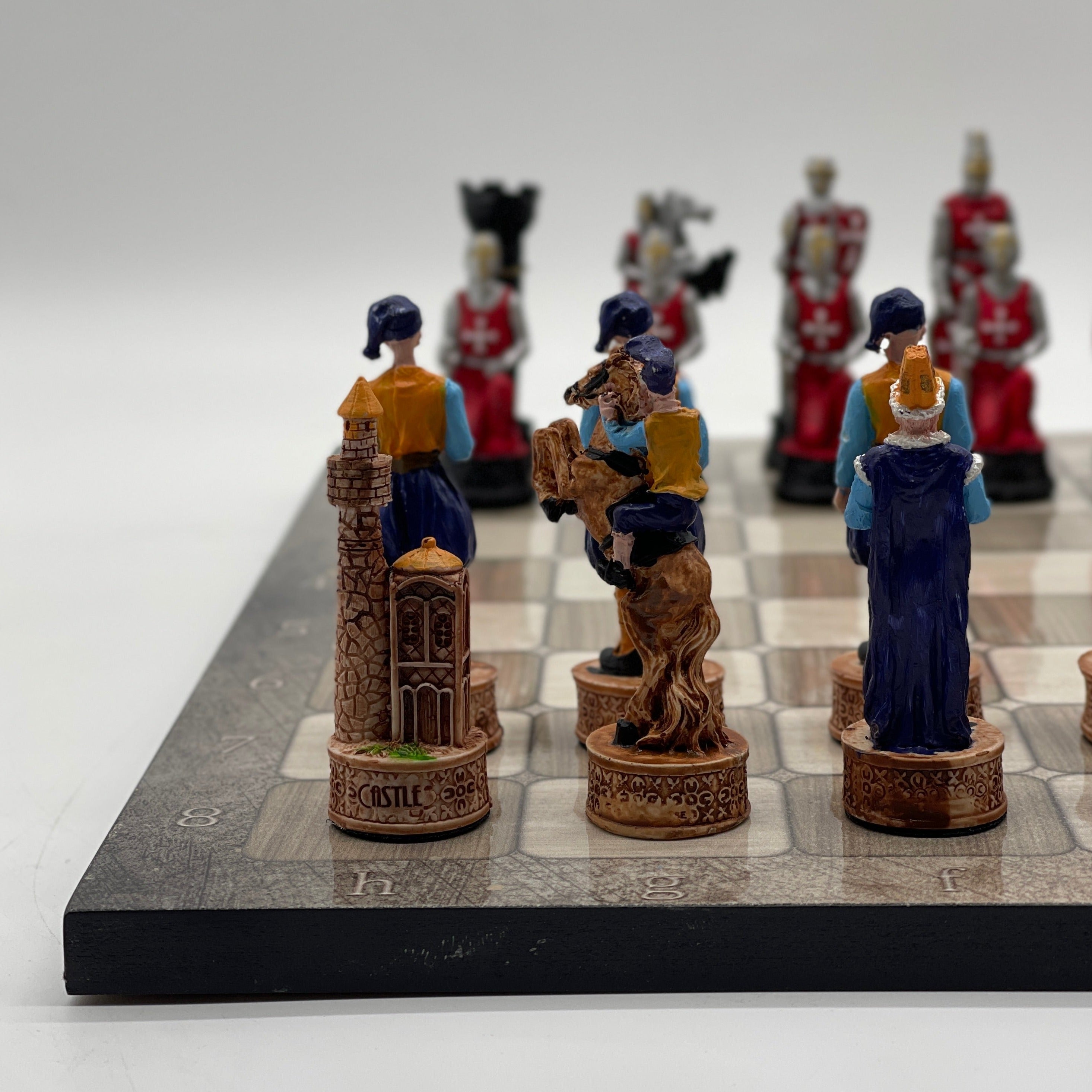 Gray Marble Pattern Wooden Chess Board With Crusaders Chess Pieces