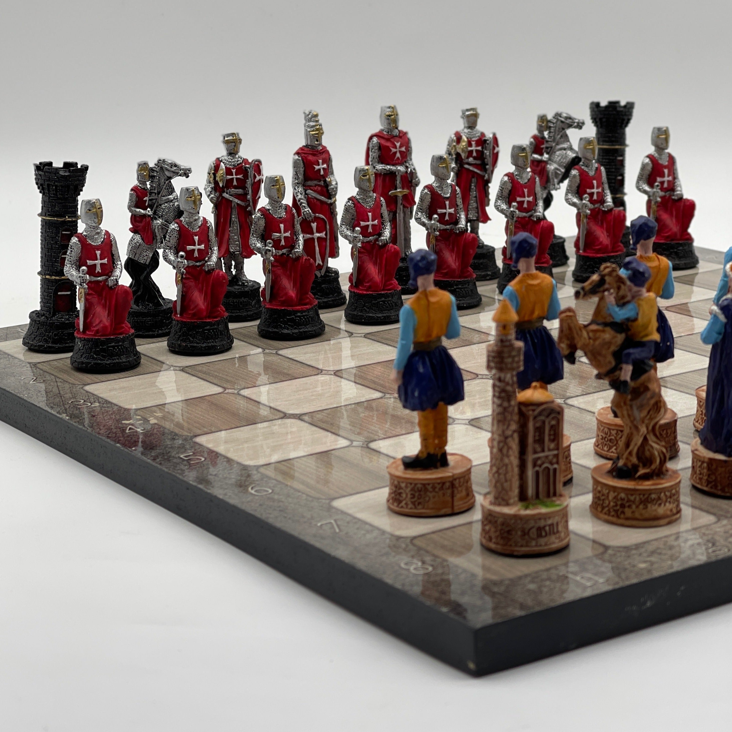 Gray Marble Pattern Wooden Chess Board With Crusaders Chess Pieces