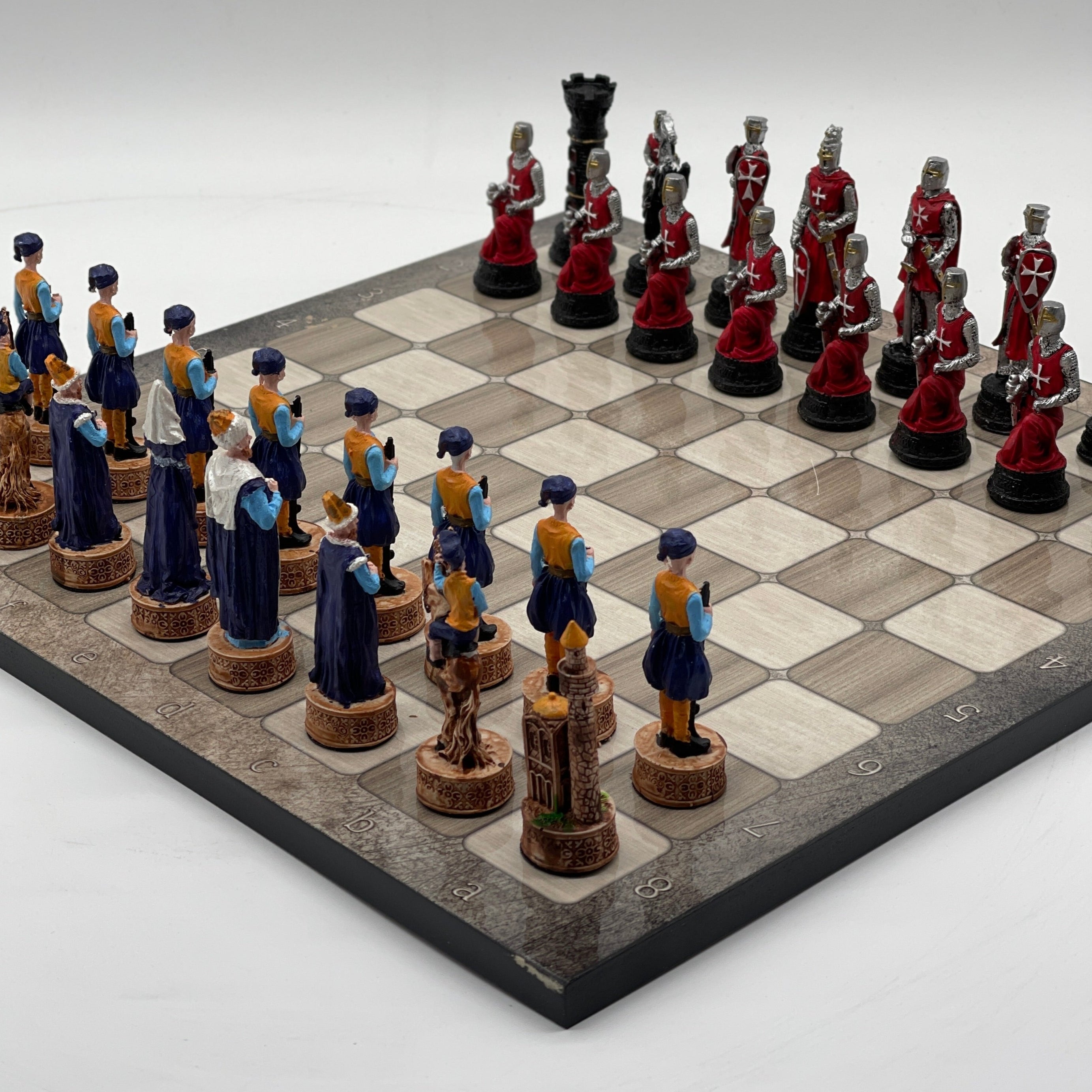 Gray Marble Pattern Wooden Chess Board With Crusaders Chess Pieces