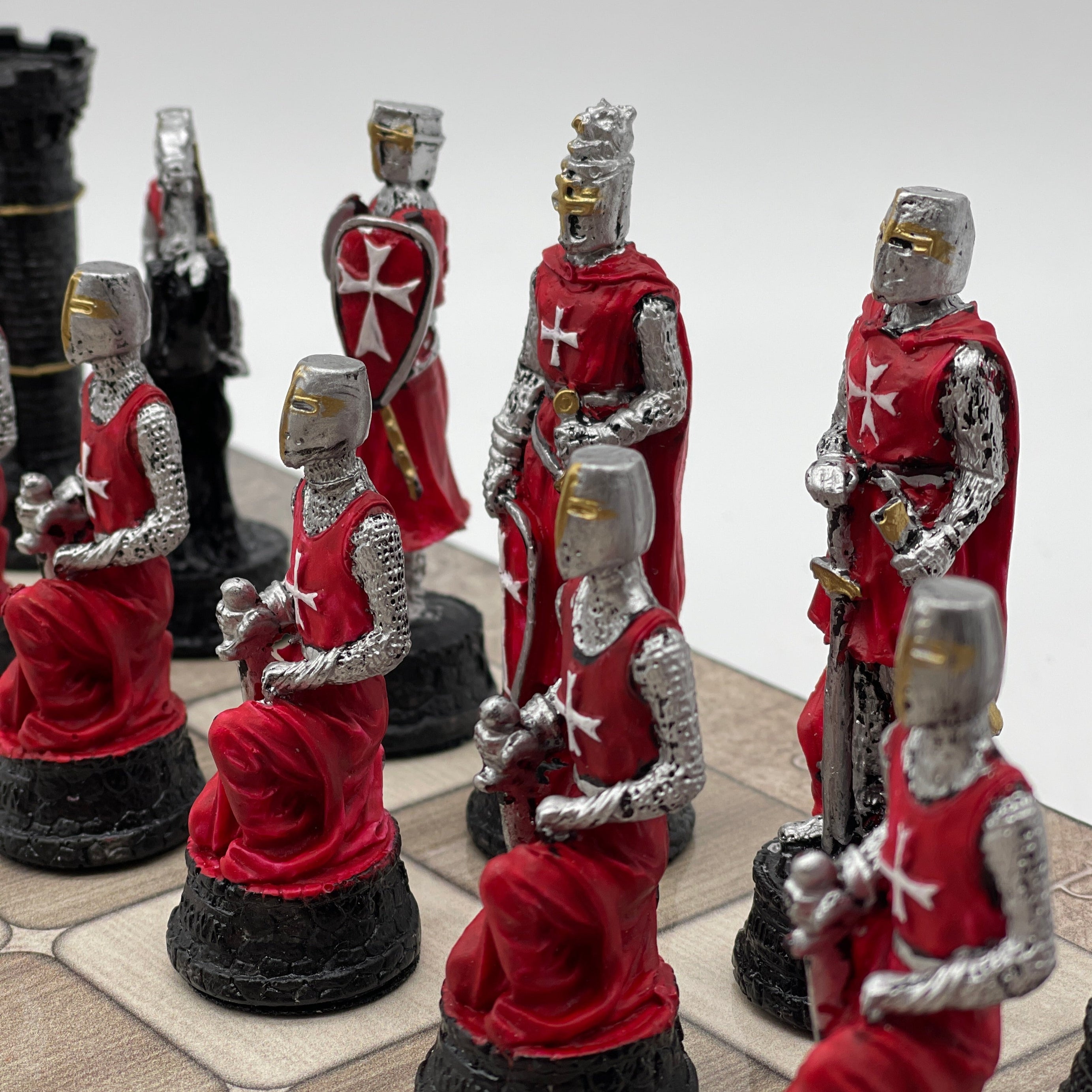 Gray Marble Pattern Wooden Chess Board With Crusaders Chess Pieces