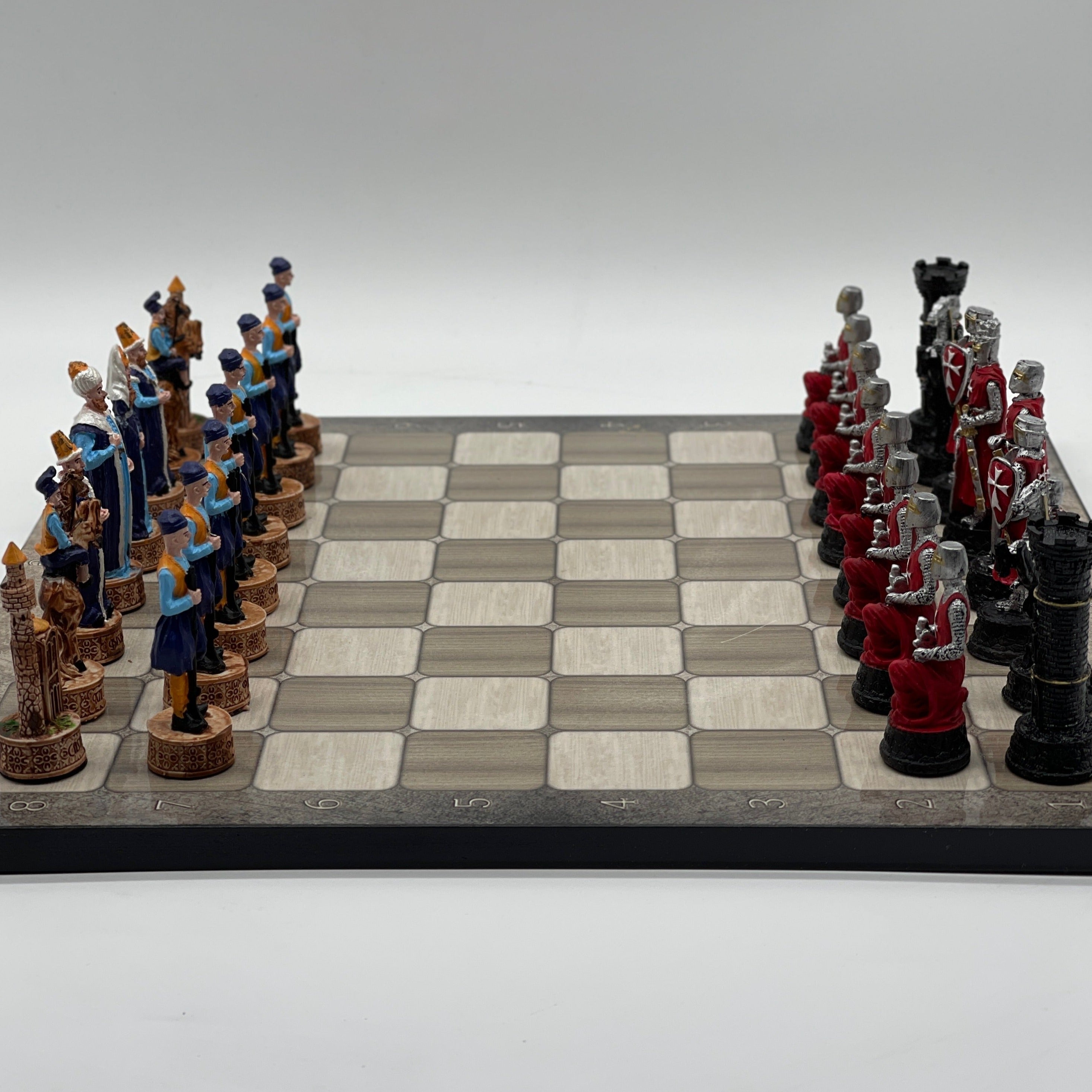Gray Marble Pattern Wooden Chess Board With Crusaders Chess Pieces