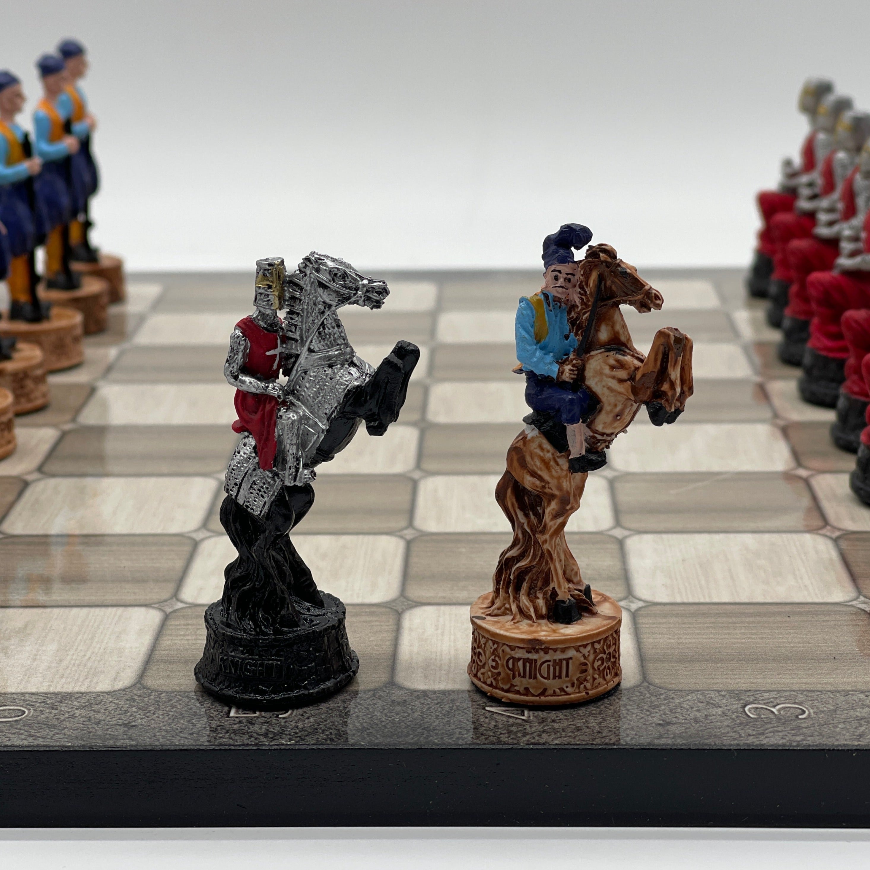 Gray Marble Pattern Wooden Chess Board With Crusaders Chess Pieces