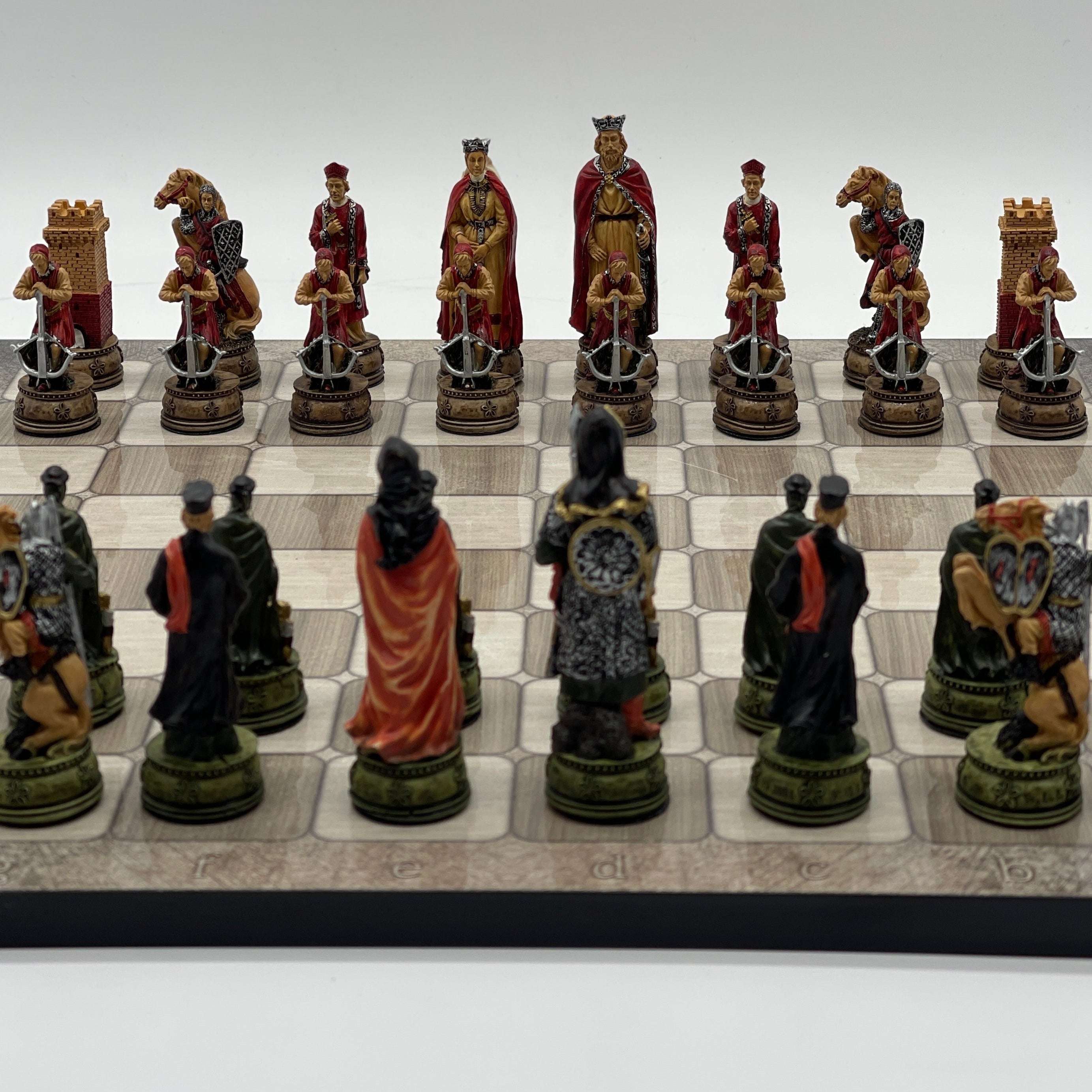 Gray Marble Pattern Wooden Chess Board With Camelot Chess Pieces